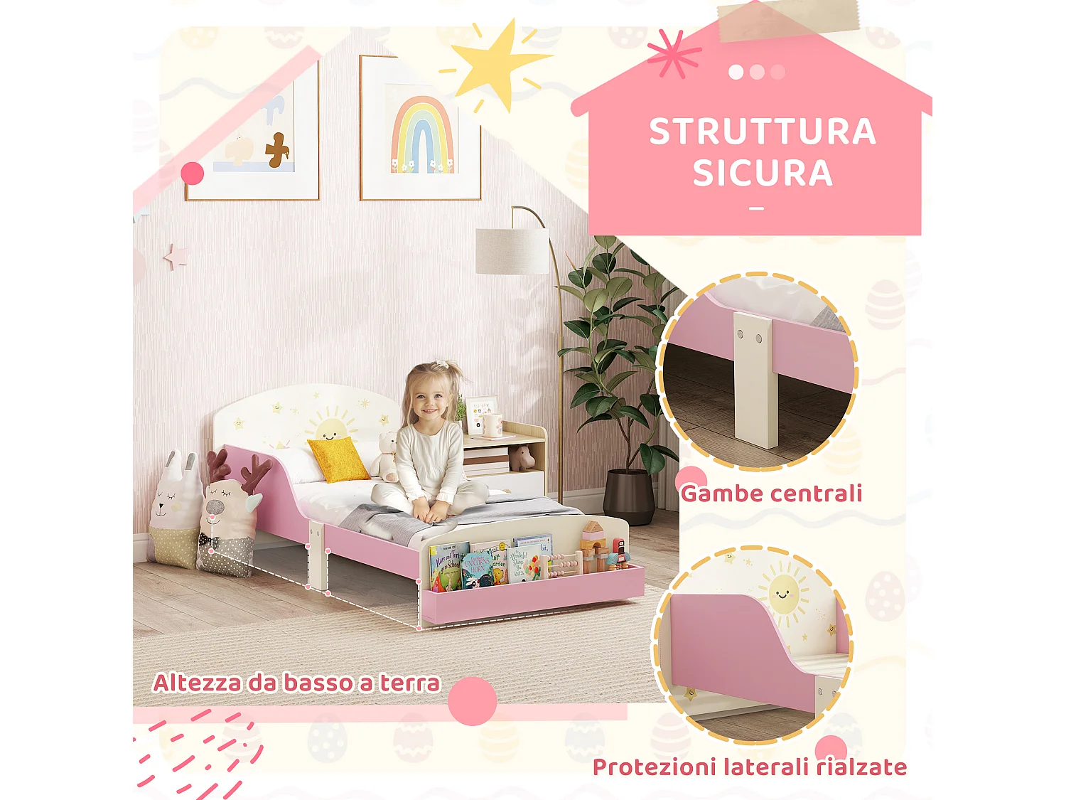 Letto per bambini con spazio contenitore e sponde laterali rosa