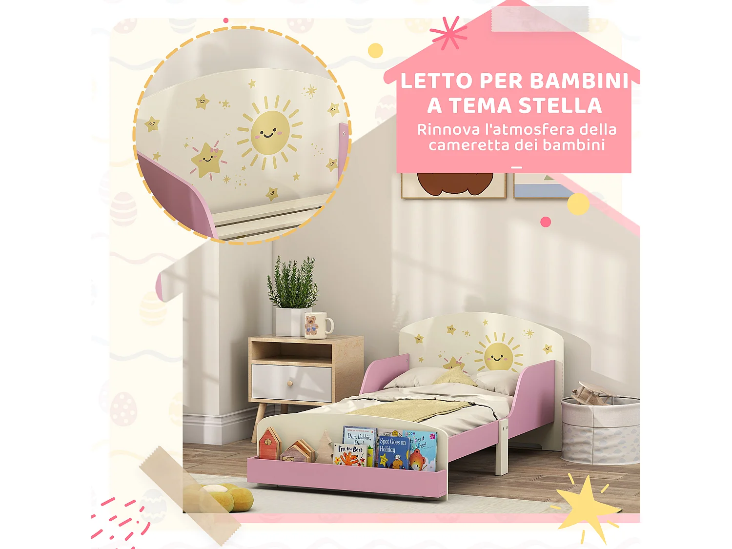 Letto per bambini con spazio contenitore e sponde laterali rosa