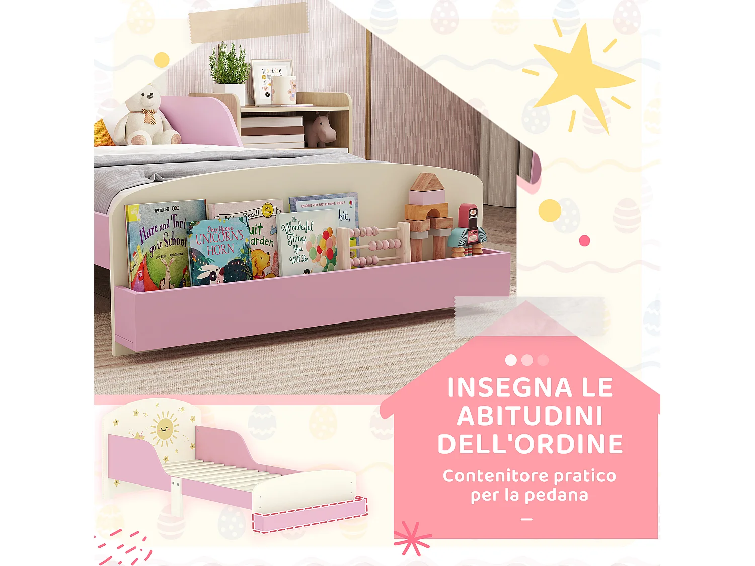 Letto per bambini con spazio contenitore e sponde laterali rosa
