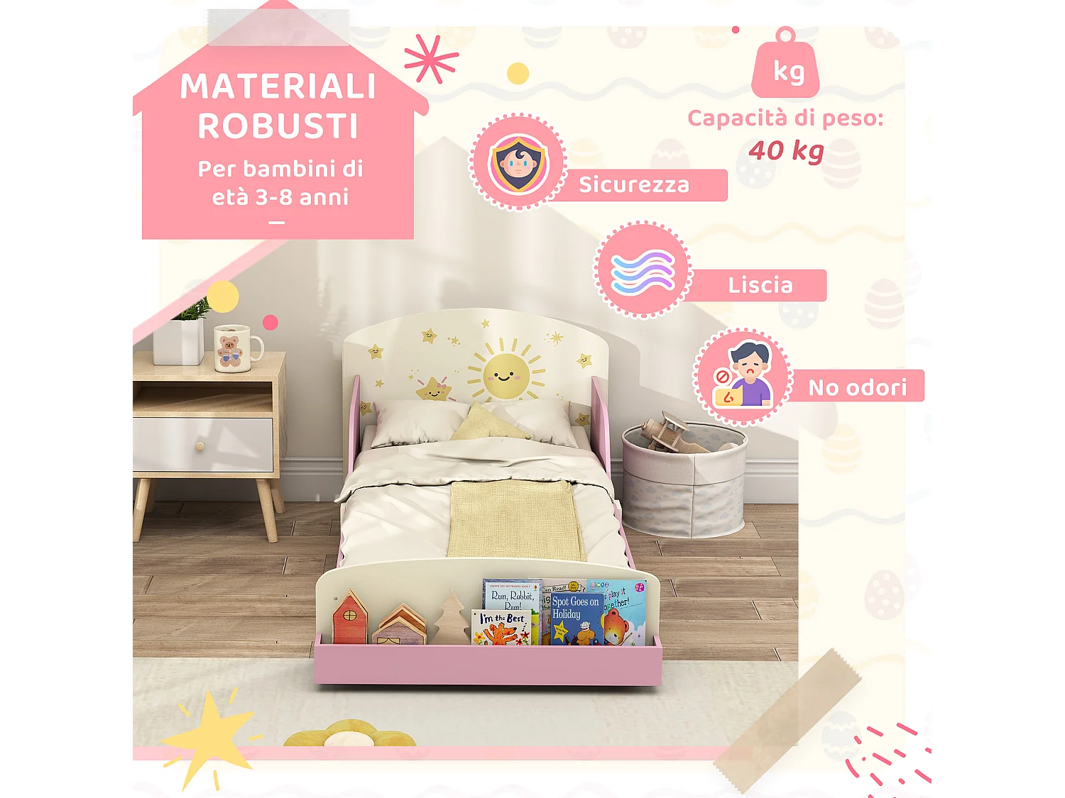Letto per bambini con spazio contenitore e sponde laterali rosa