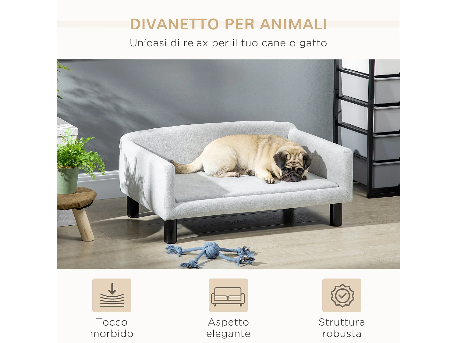 Divano per cani con Cuscino, braccioli e schienale grigio chiaro