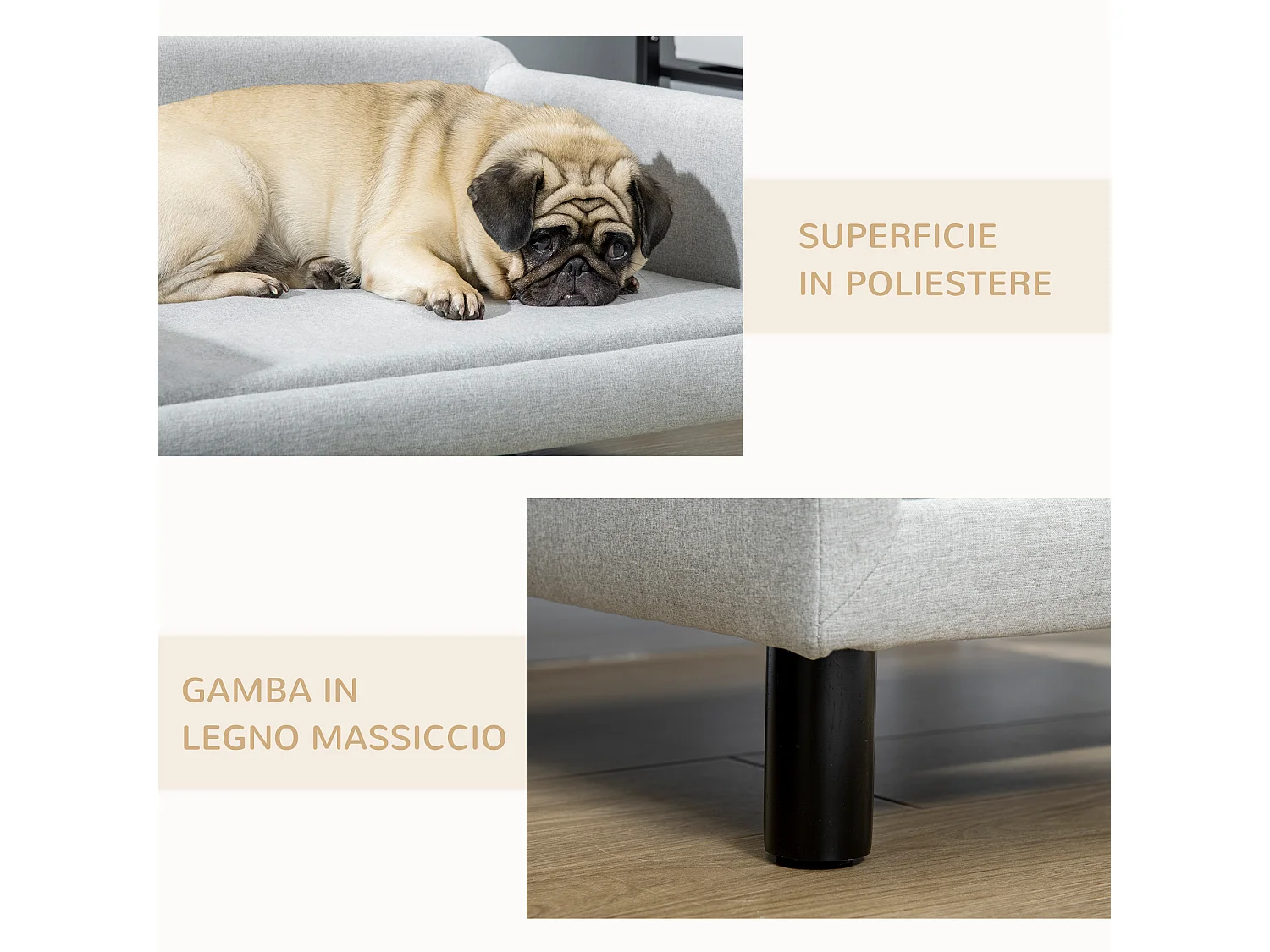Divano per cani con Cuscino, braccioli e schienale grigio chiaro