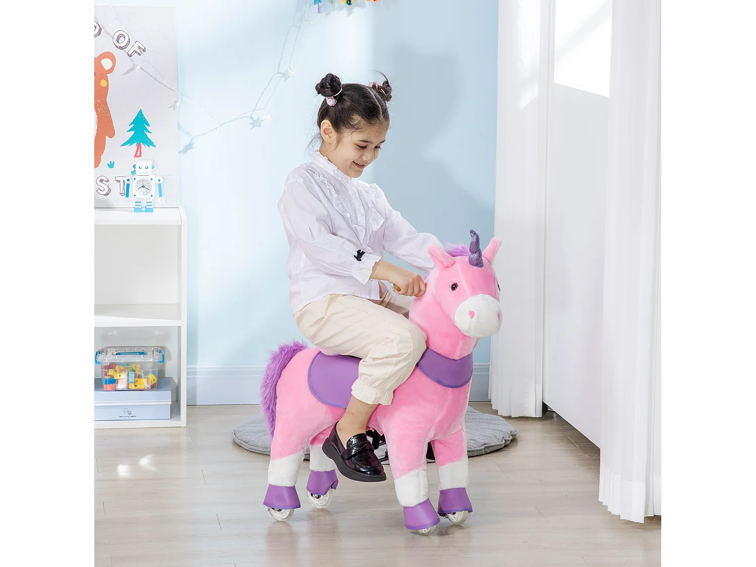 Cavallo a dondolo con ruote a unicorno per bambini da 3-6 anni