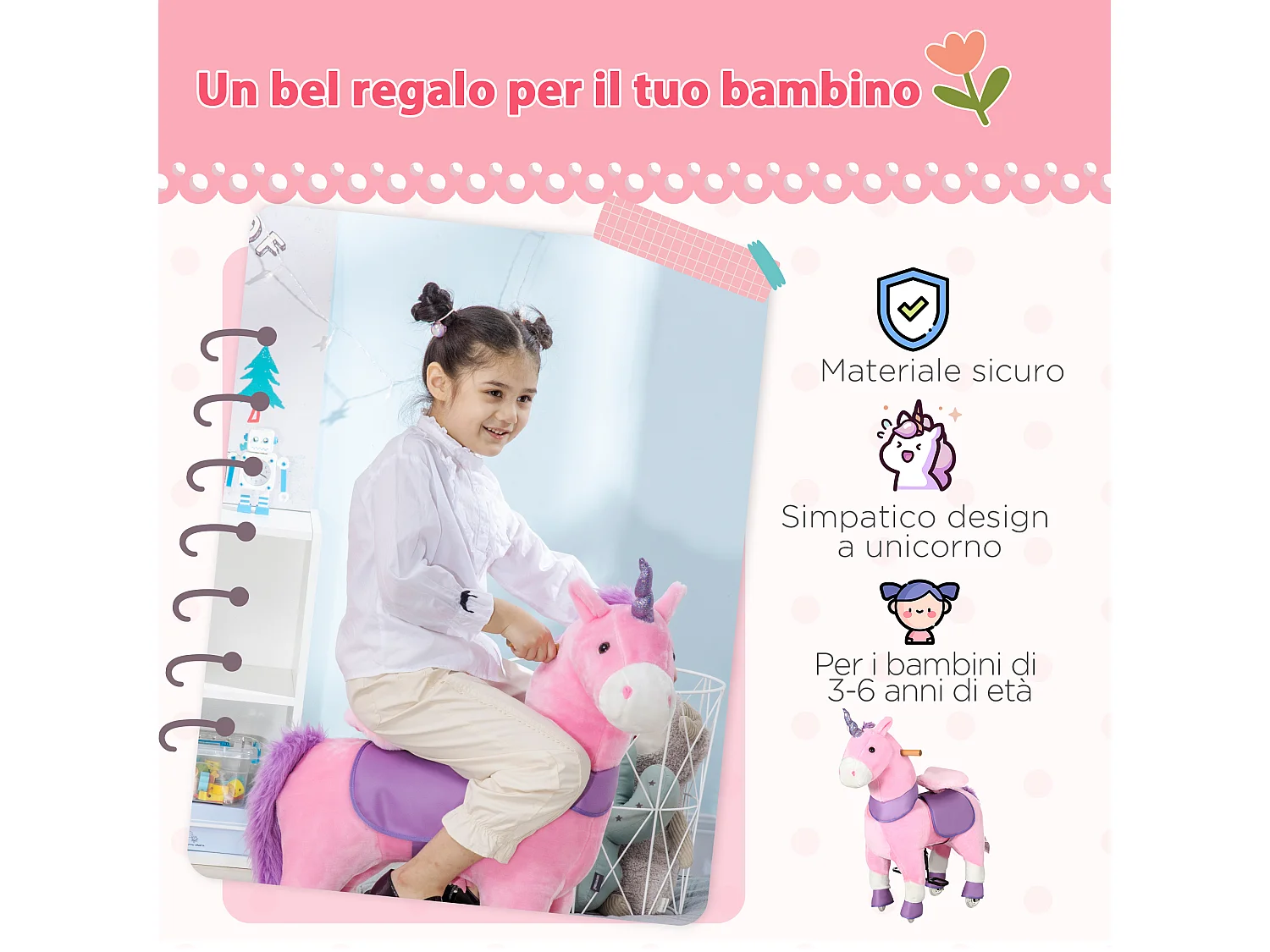 Cavallo a dondolo con ruote a unicorno per bambini da 3-6 anni