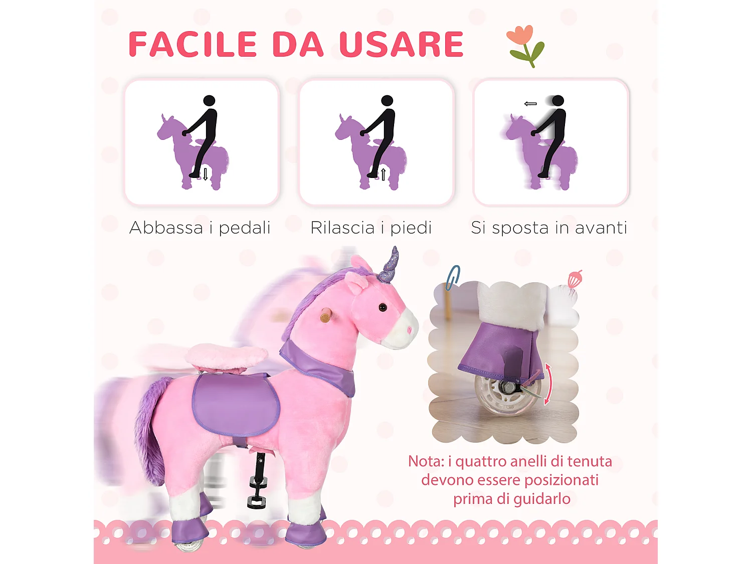 Cavallo a dondolo con ruote a unicorno per bambini da 3-6 anni