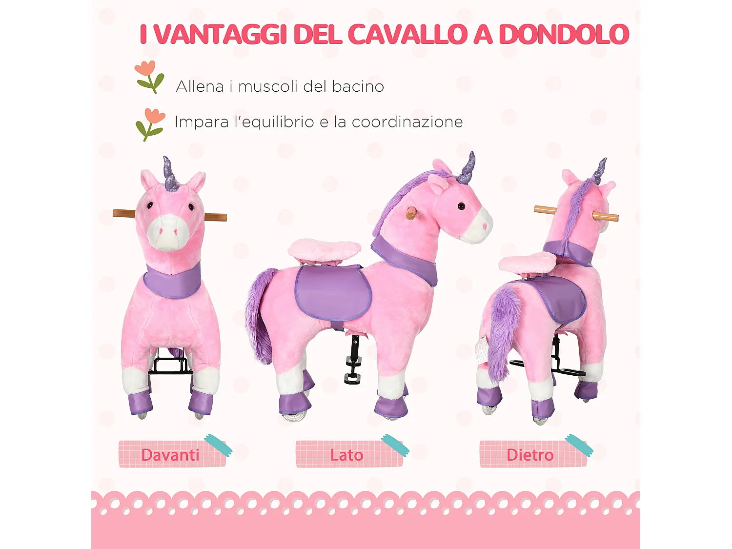 Cavallo a dondolo con ruote a unicorno per bambini da 3-6 anni