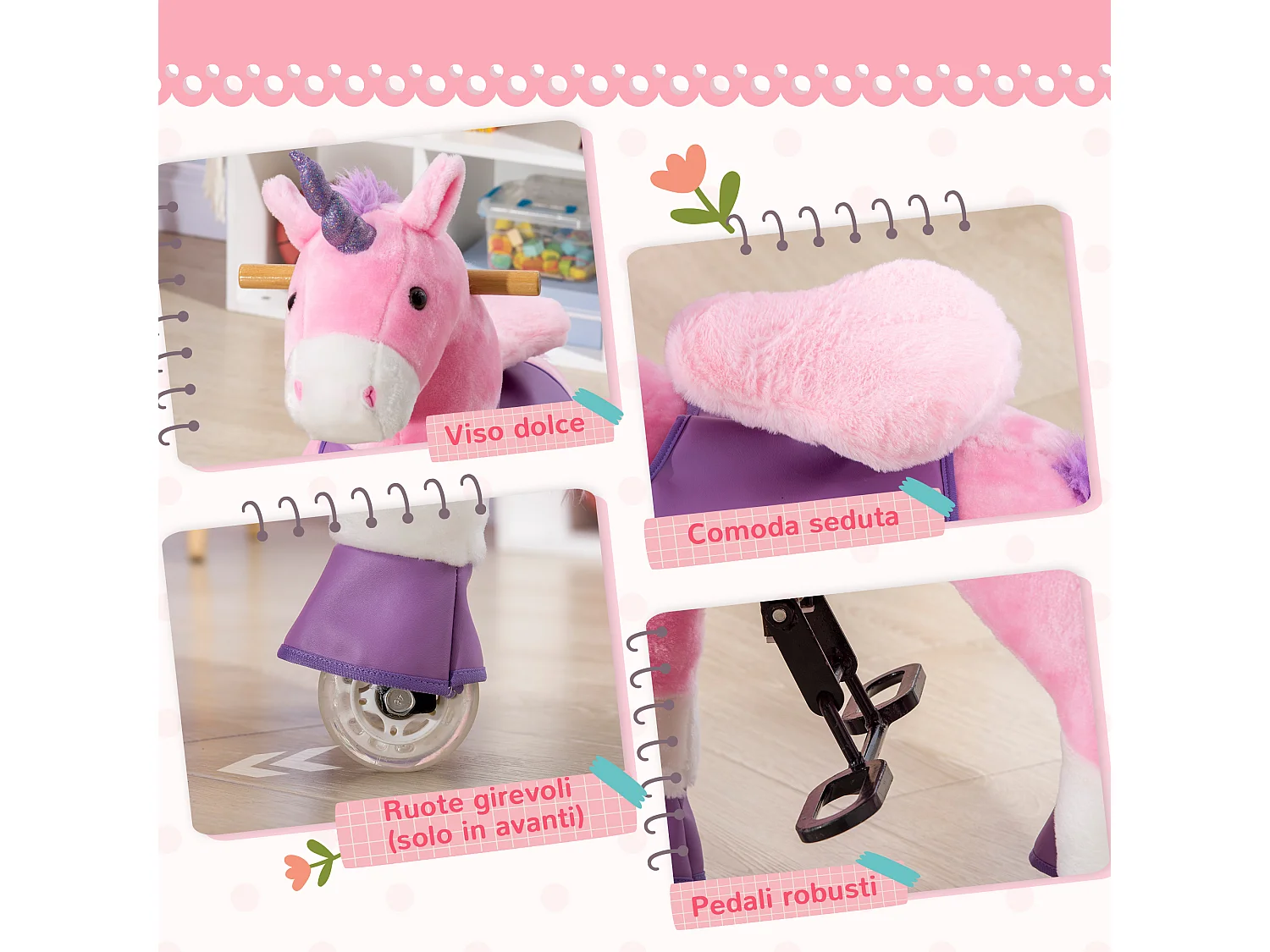 Cavallo a dondolo con ruote a unicorno per bambini da 3-6 anni