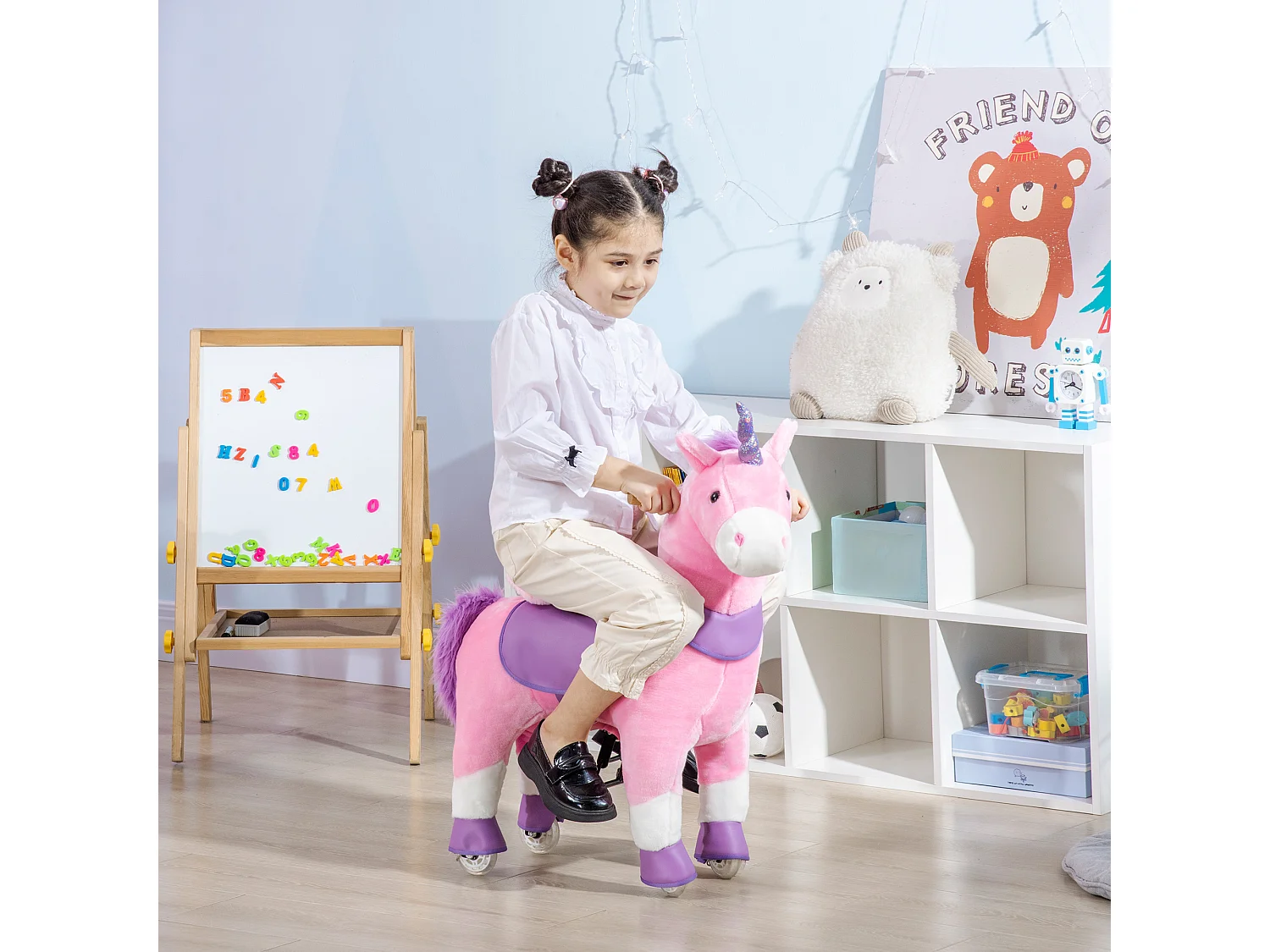 Cavallo a dondolo con ruote a unicorno per bambini da 3-6 anni