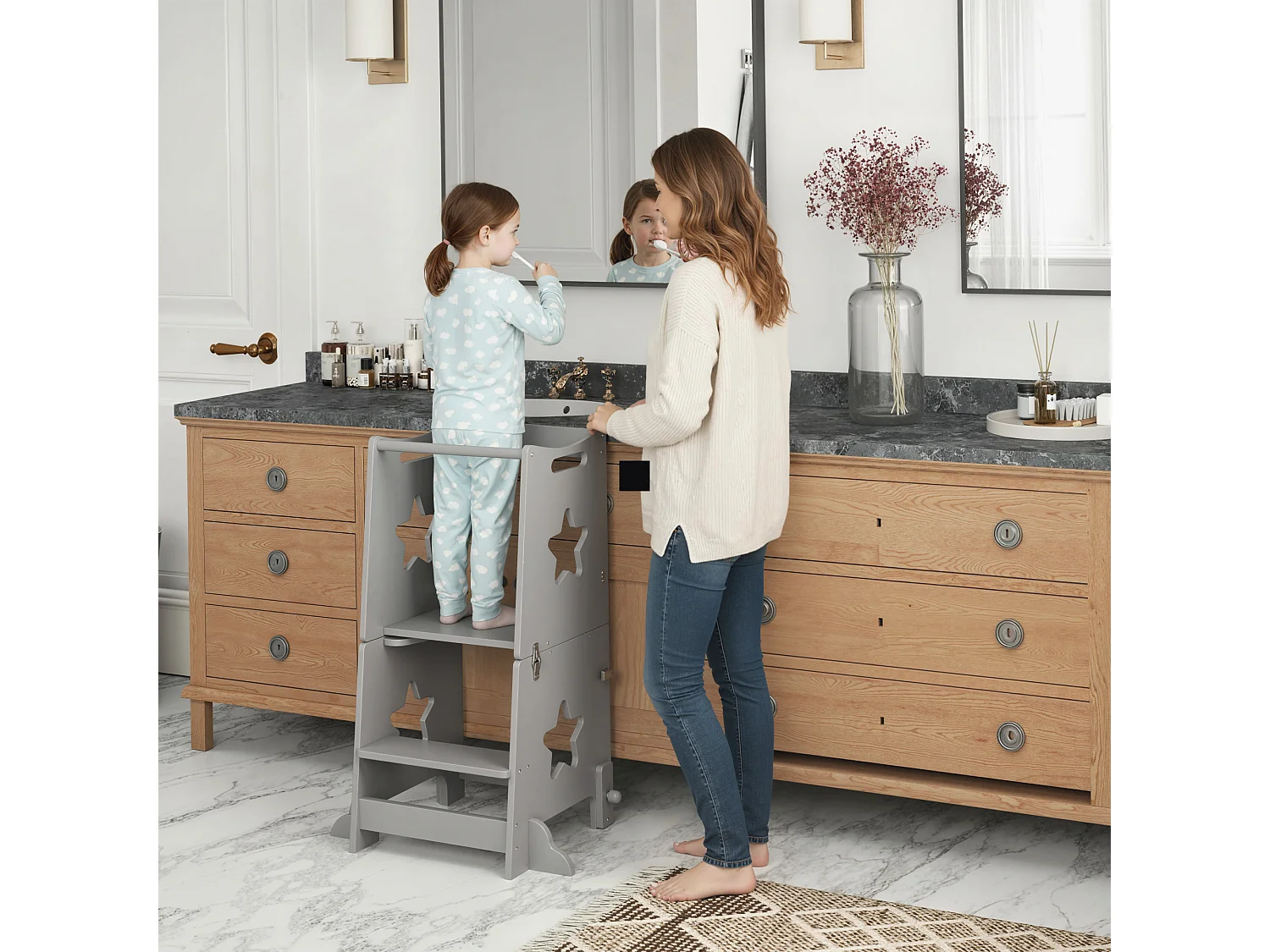 Scala montessori per bambini convertibile con barra in legno grigio