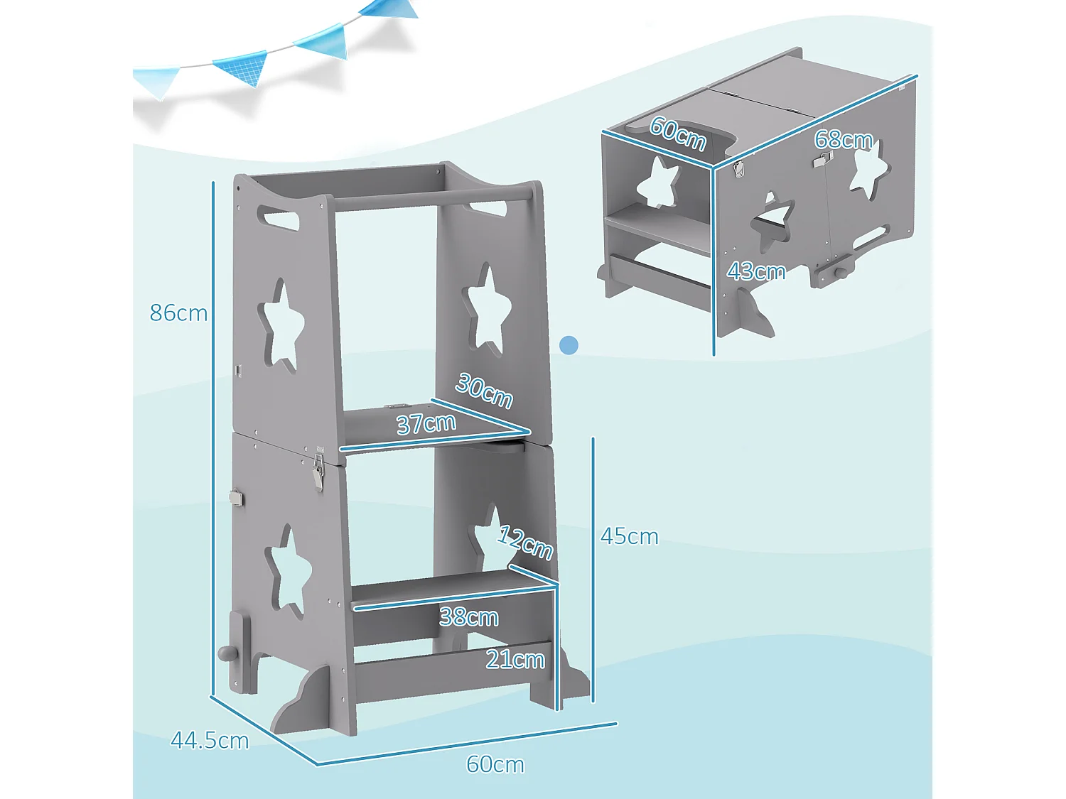 Scala montessori per bambini convertibile con barra in legno grigio