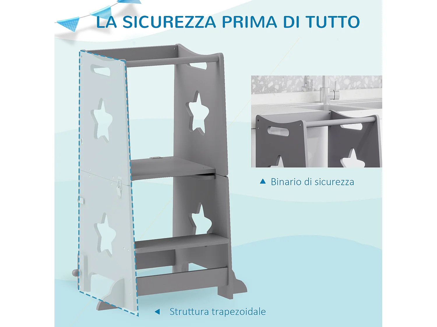 Scala montessori per bambini convertibile con barra in legno grigio