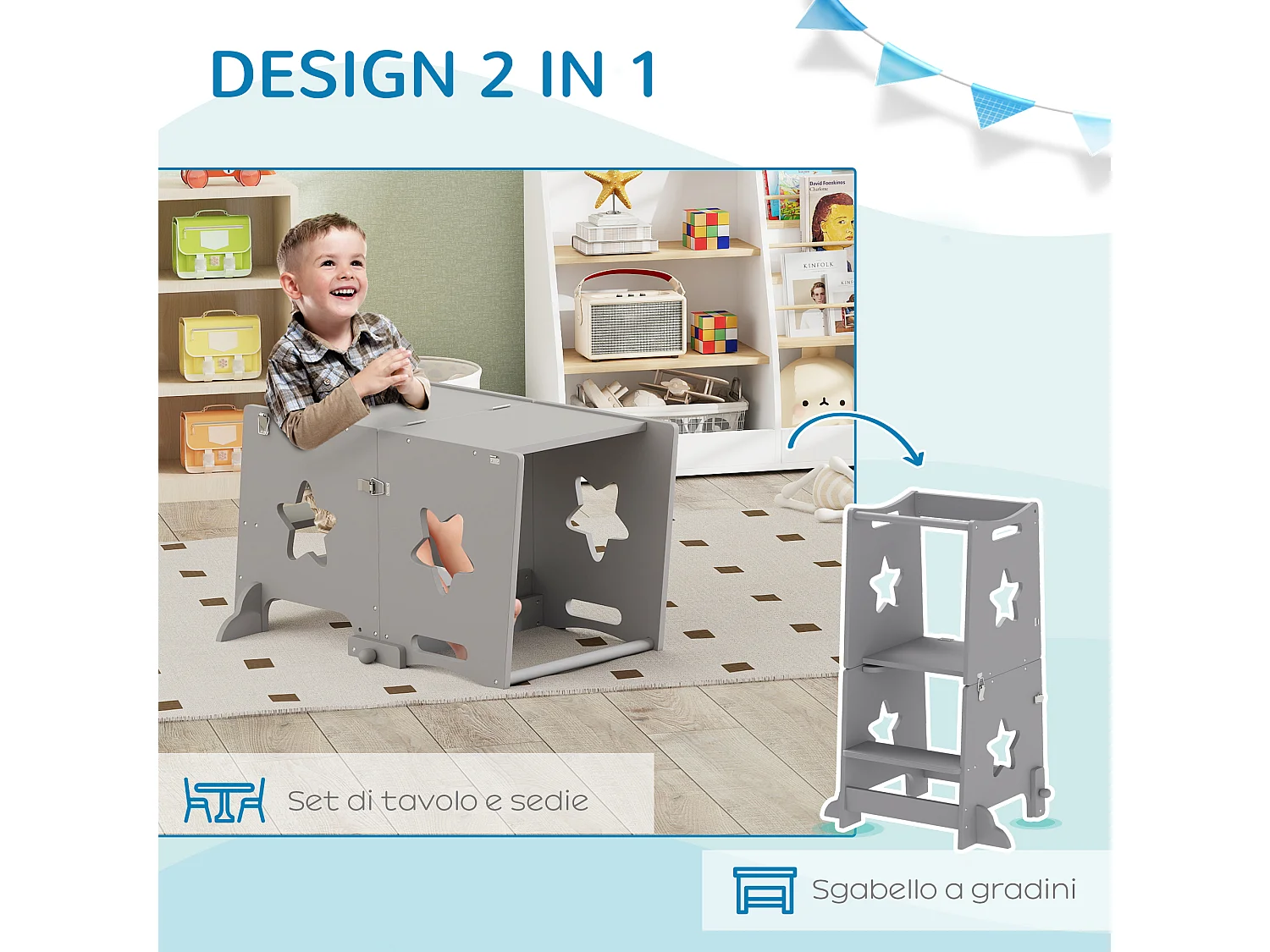 Scala montessori per bambini convertibile con barra in legno grigio