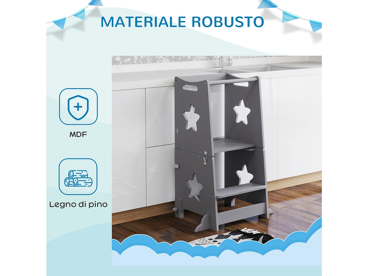 Scala montessori per bambini convertibile con barra in legno grigio
