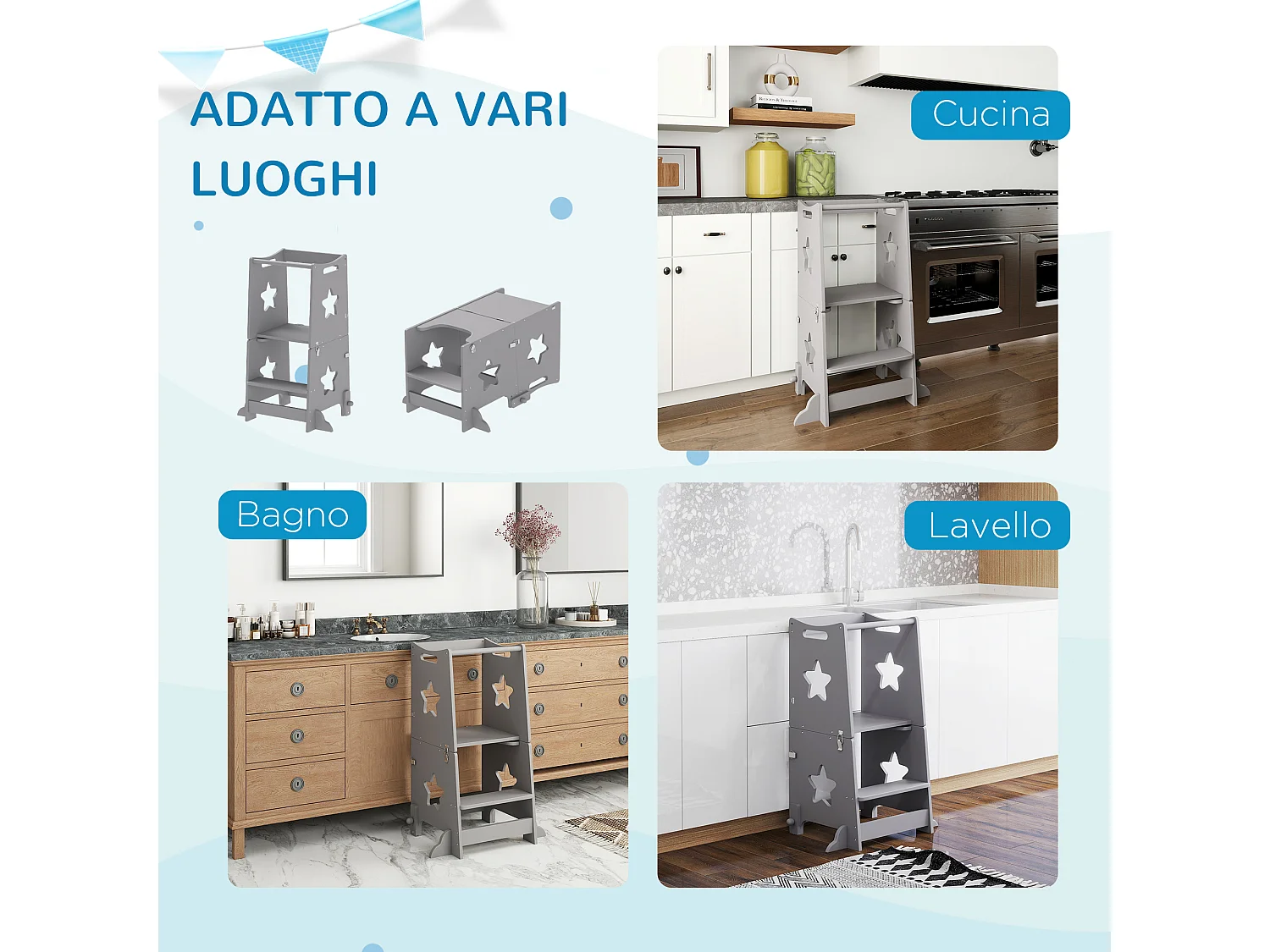 Scala montessori per bambini convertibile con barra in legno grigio