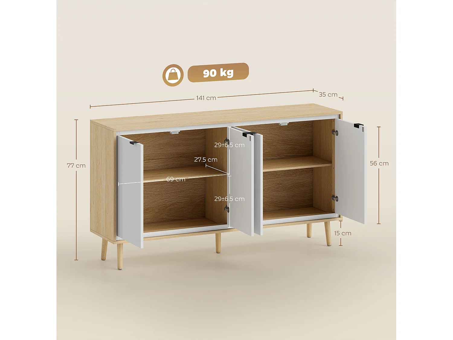 Credenza cucina con 4 ante mobile cucina moderno con ripiano regolabile e piedi in legno