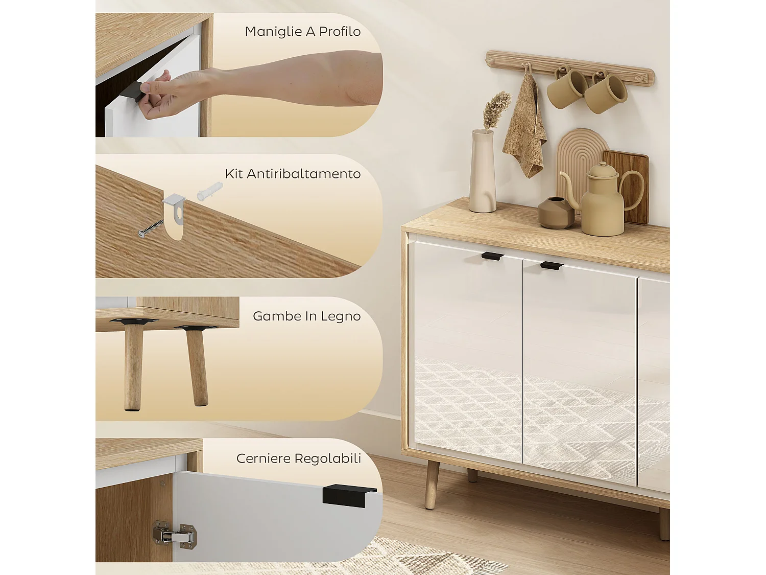 Credenza cucina con 4 ante mobile cucina moderno con ripiano regolabile e piedi in legno