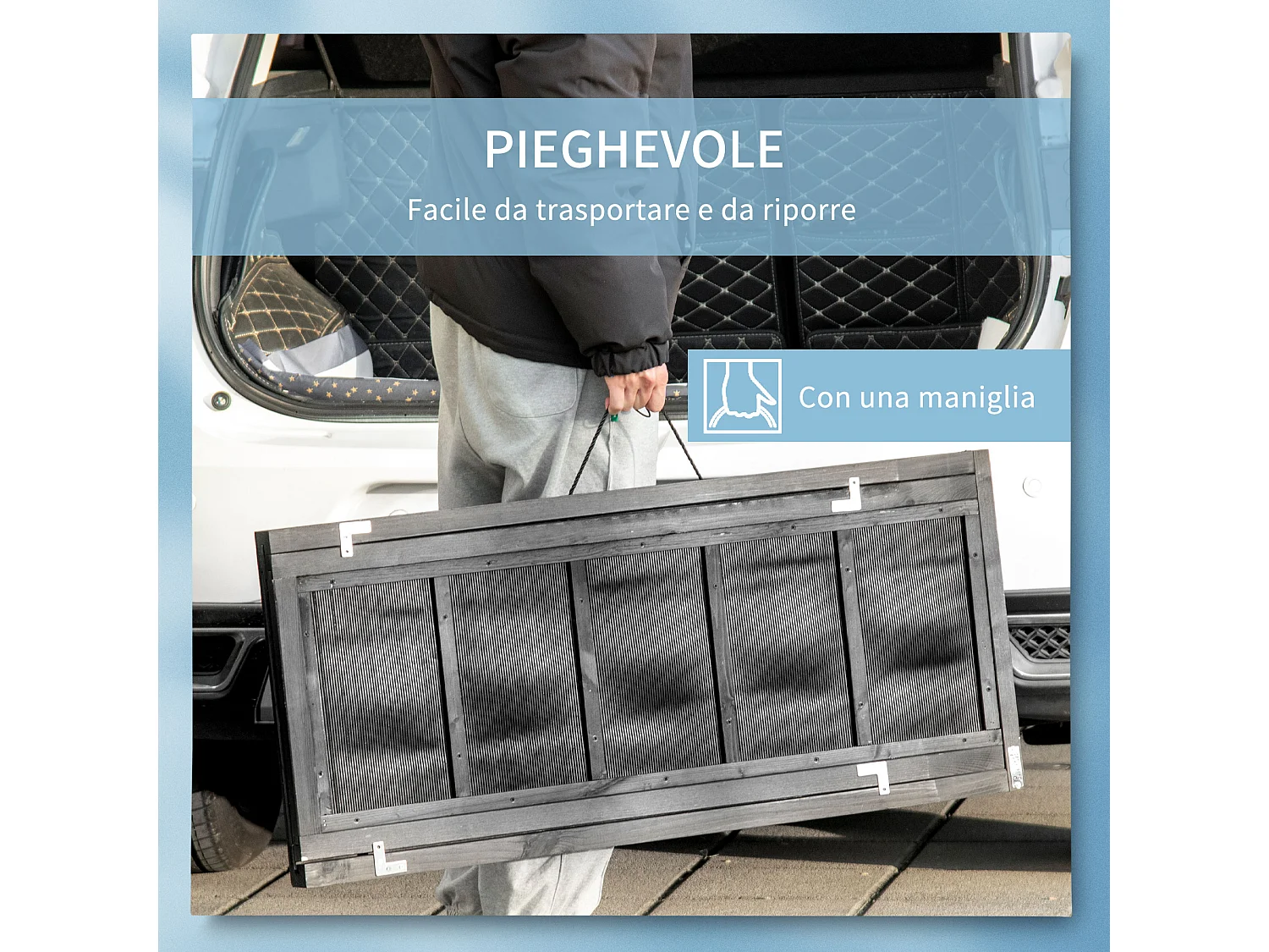 Rampa per cani pieghevole in legno antiscivolo e maniglia nera