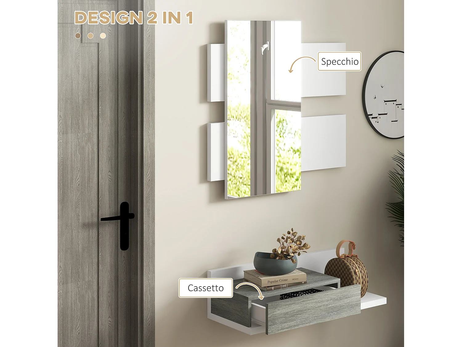 Mobile da ingresso 2 in 1 con specchio da parete 75x3.5x75 cm