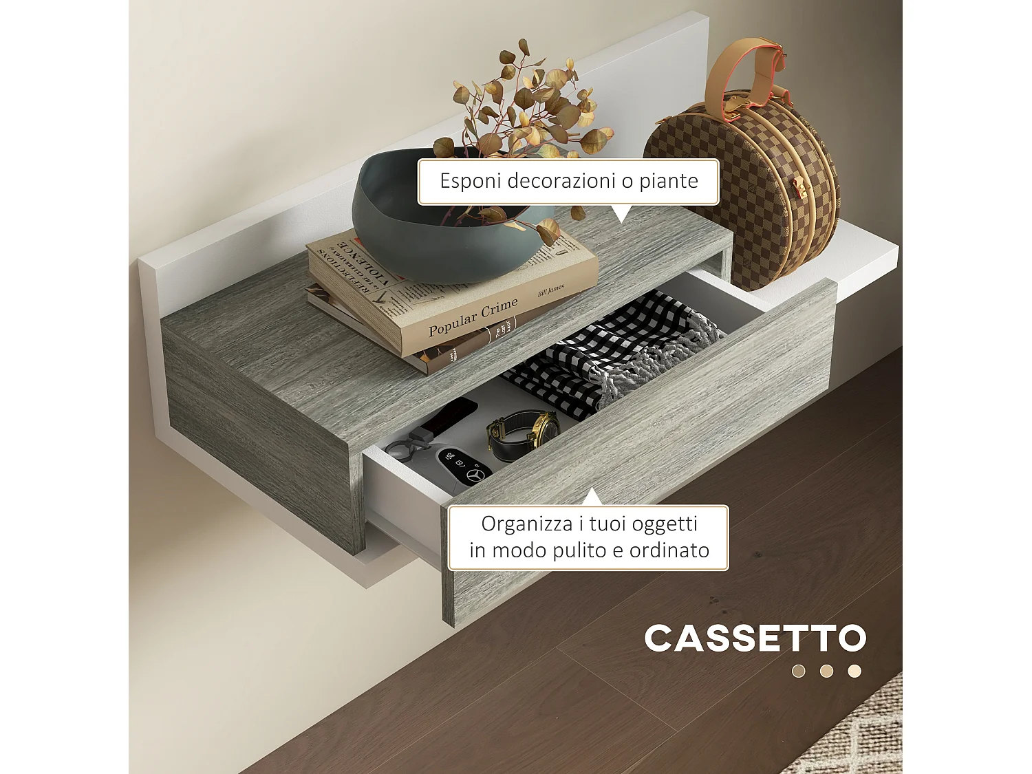 Mobile da ingresso 2 in 1 con specchio da parete 75x3.5x75 cm