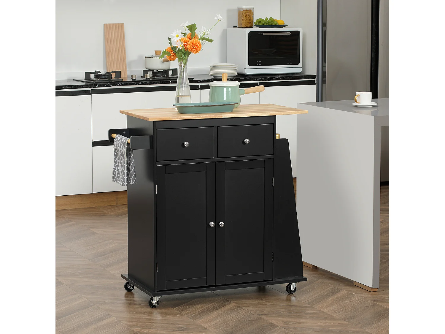 Carrello da cucina con armadietto e 2 cassetti in legno nero