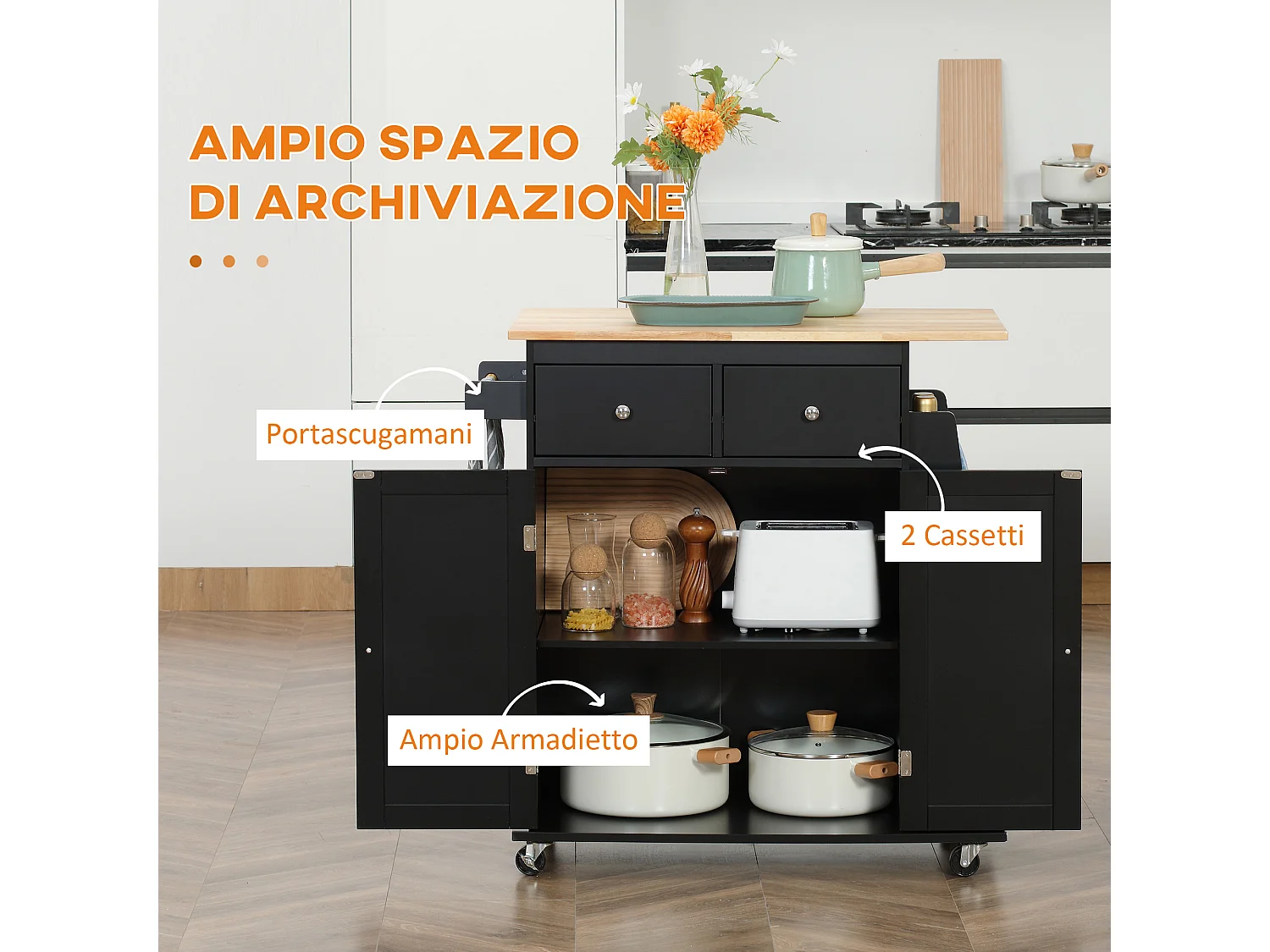 Carrello da cucina con armadietto e 2 cassetti in legno nero