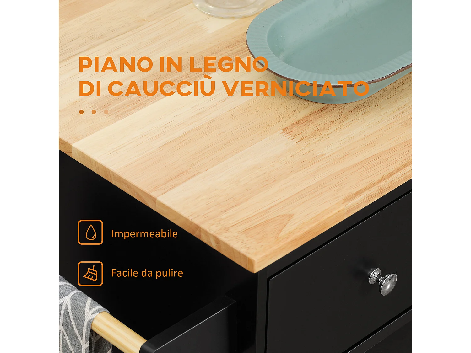 Carrello da cucina con armadietto e 2 cassetti in legno nero