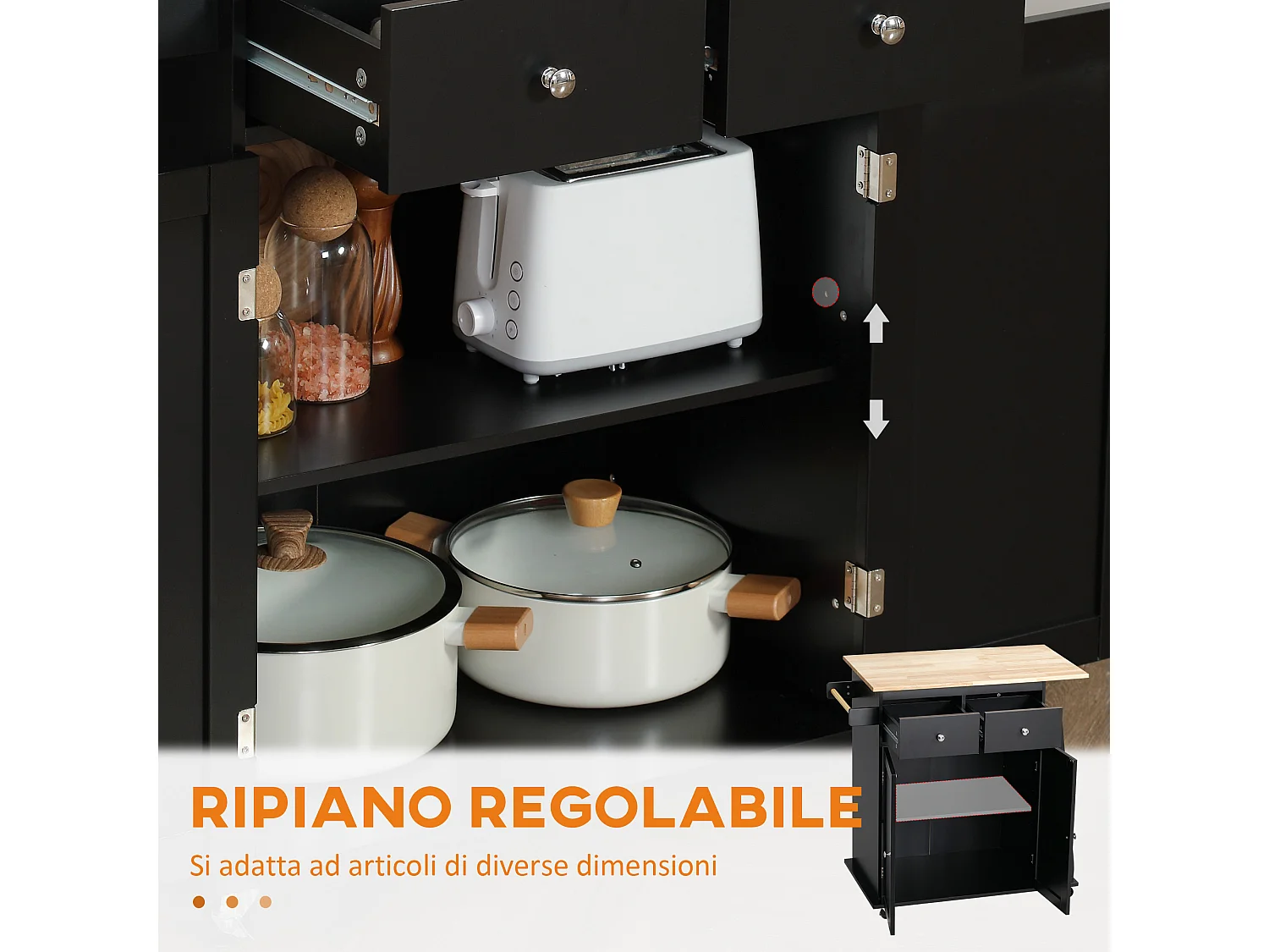 Carrello da cucina con armadietto e 2 cassetti in legno nero