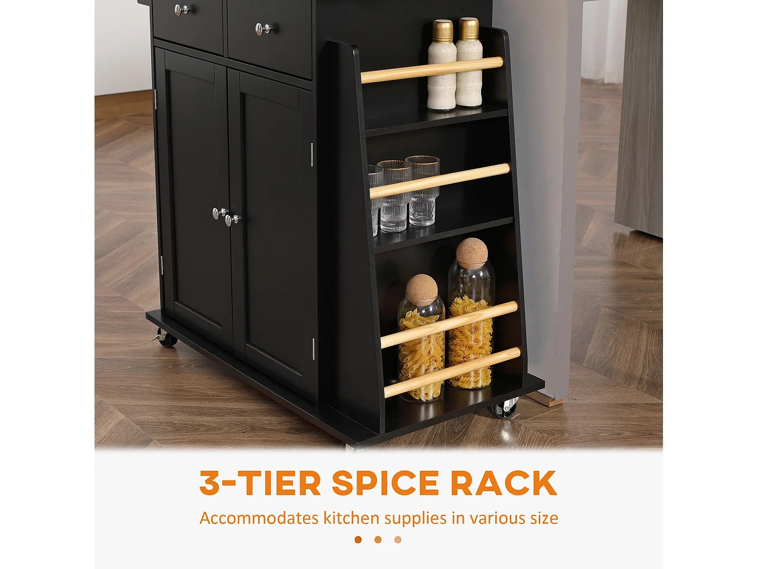 Carrello da cucina con armadietto e 2 cassetti in legno nero