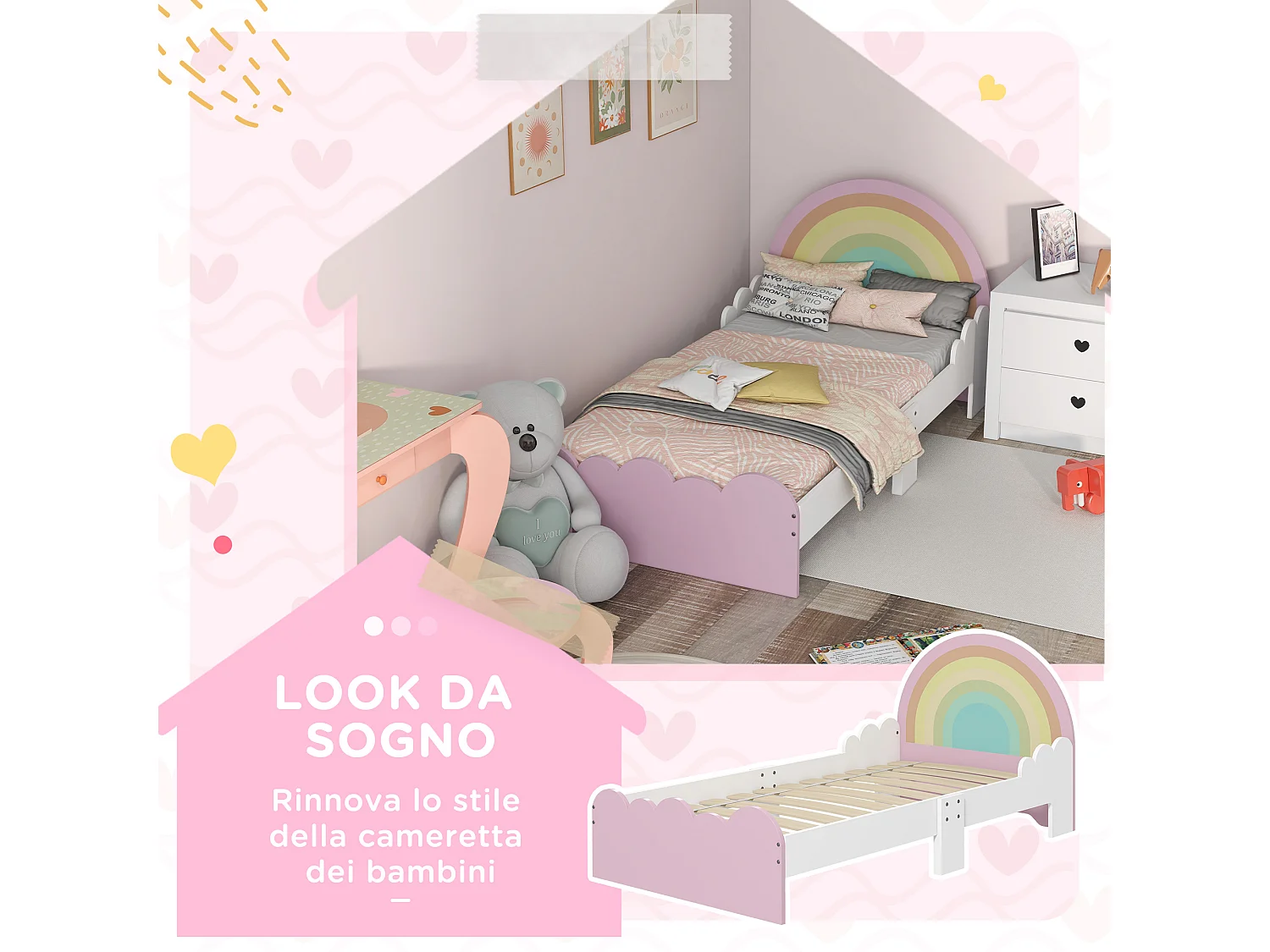 Lettino per bambini 3-6 anni in mdf bianco e rosa