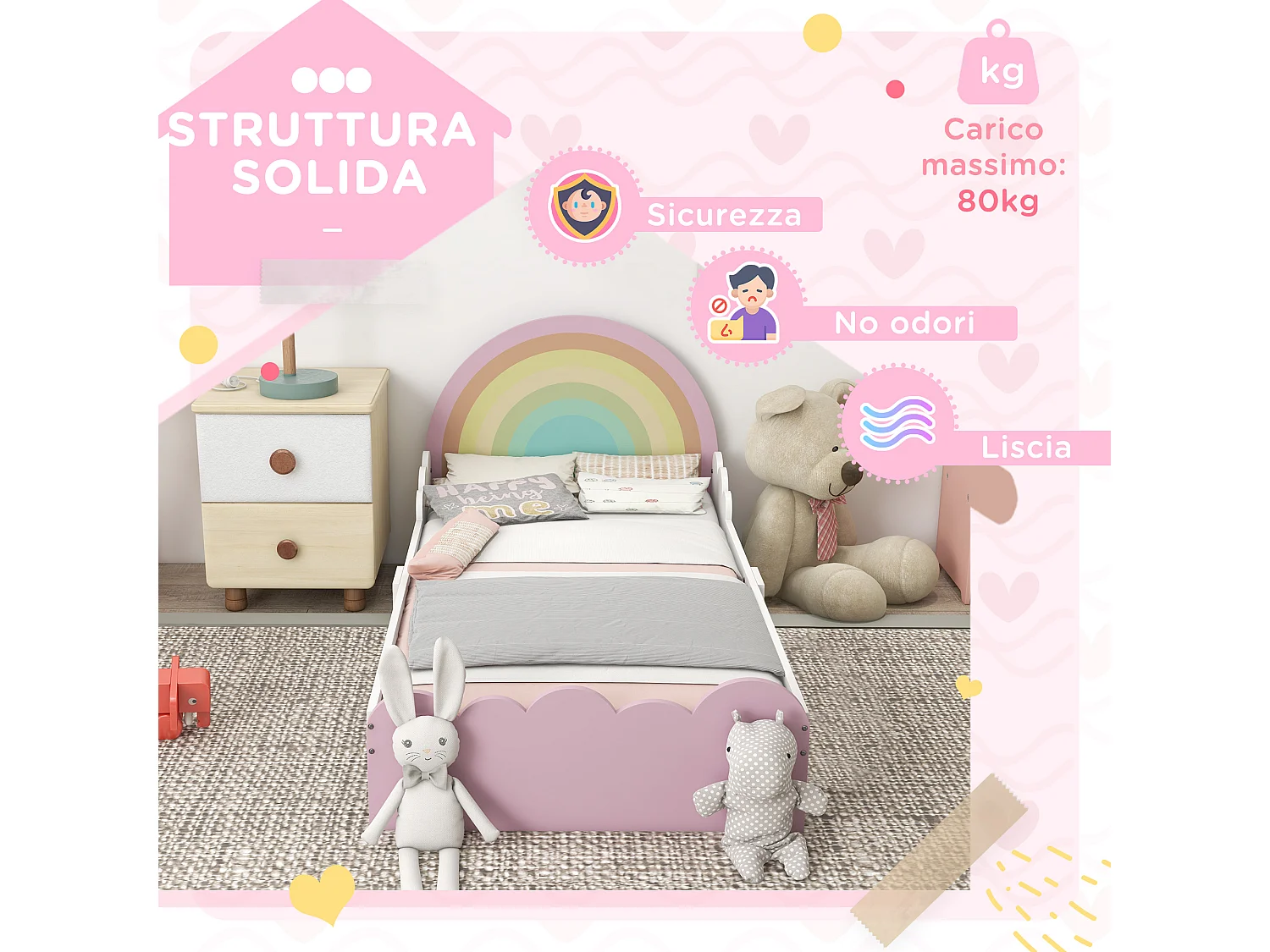 Lettino per bambini 3-6 anni in mdf bianco e rosa