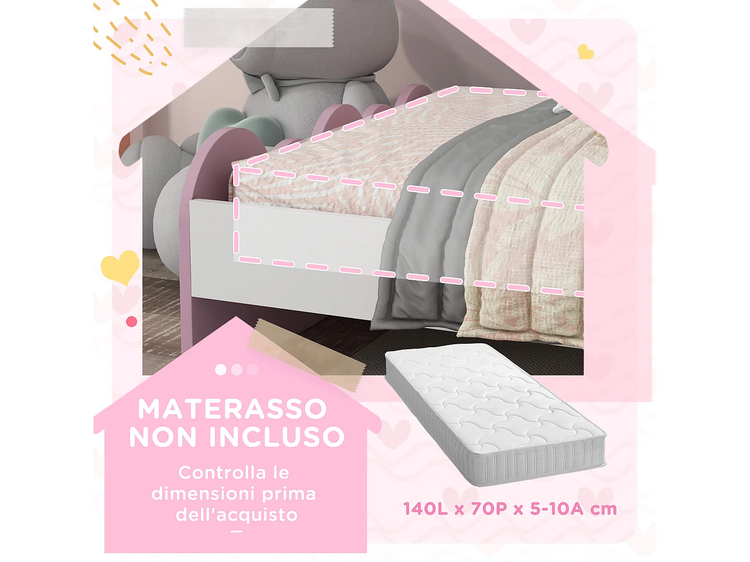 Lettino per bambini 3-6 anni in mdf bianco e rosa