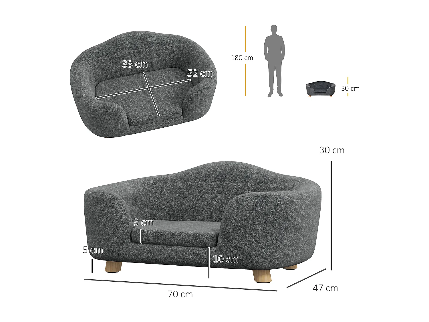 Cuccia per cani di taglia piccola (max 10kg) 70x47x30cm grigio