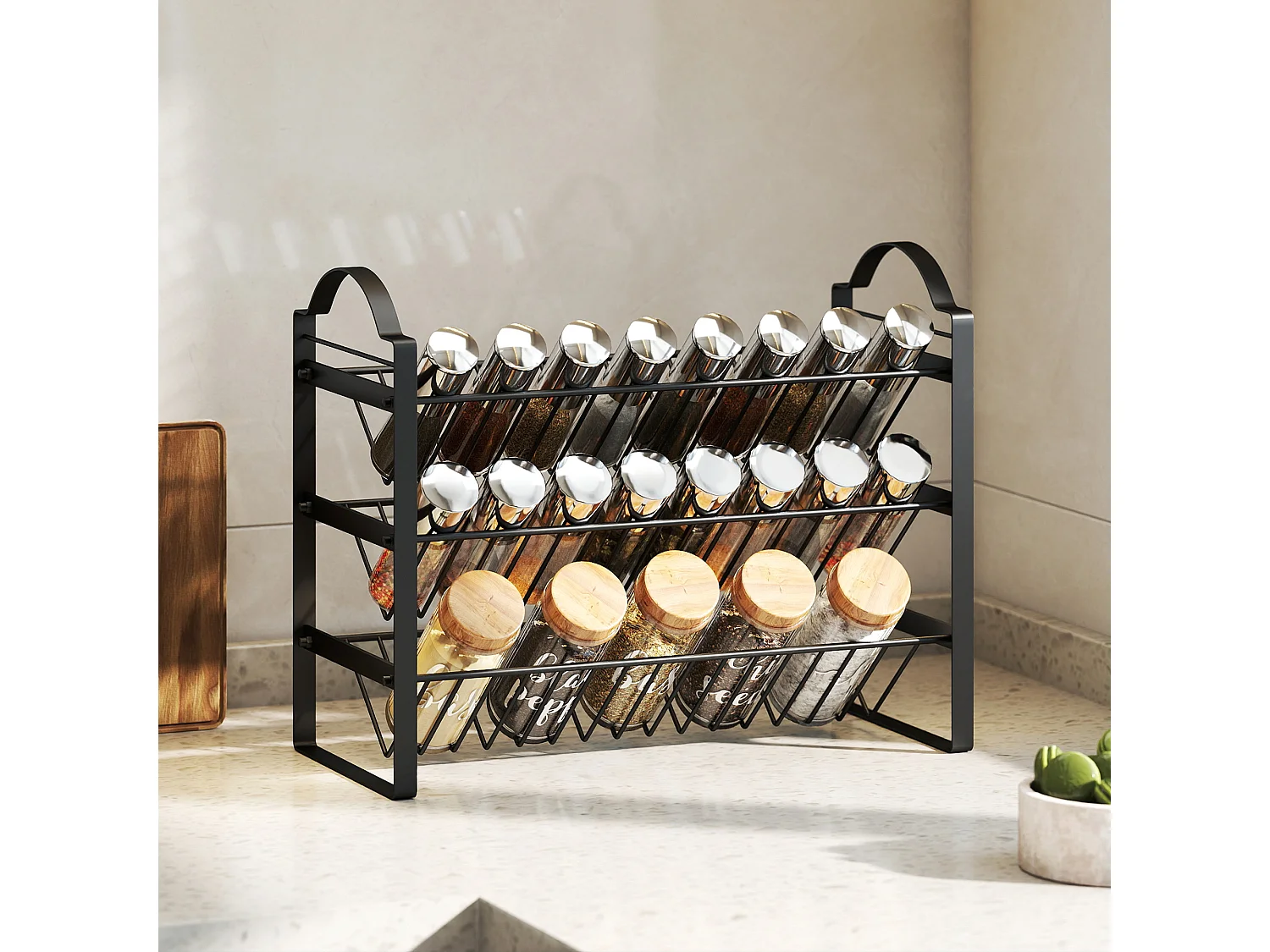 Porta spezie per cucina a 3 livelli portaspezie salvaspazio con ripiani inclinati in metallo