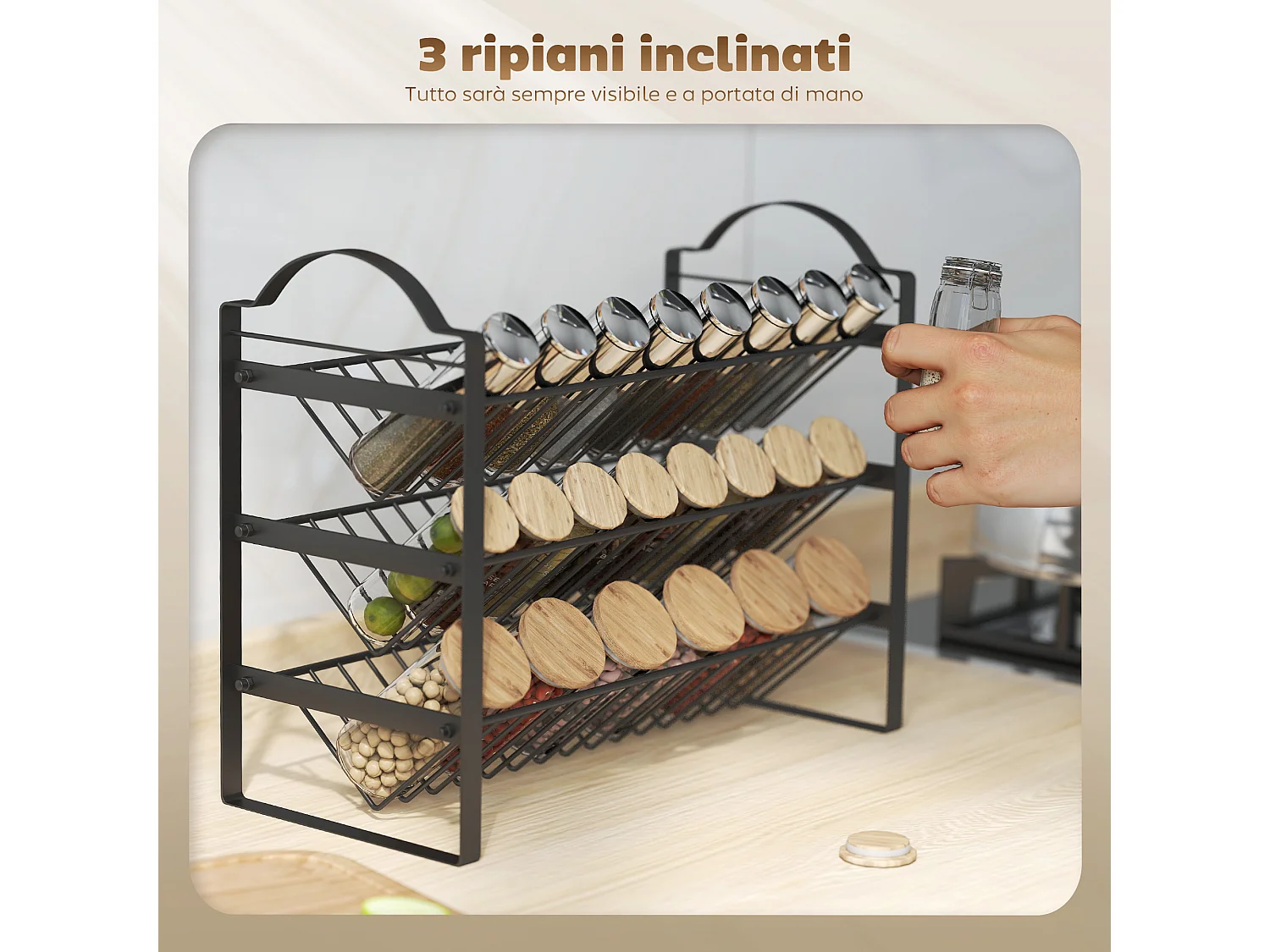 Porta spezie per cucina a 3 livelli portaspezie salvaspazio con ripiani inclinati in metallo