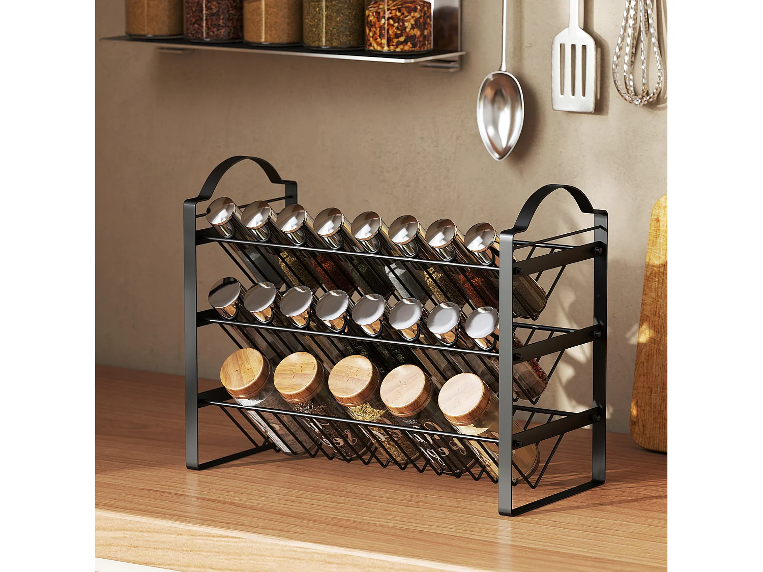 Porta spezie per cucina a 3 livelli portaspezie salvaspazio con ripiani inclinati in metallo