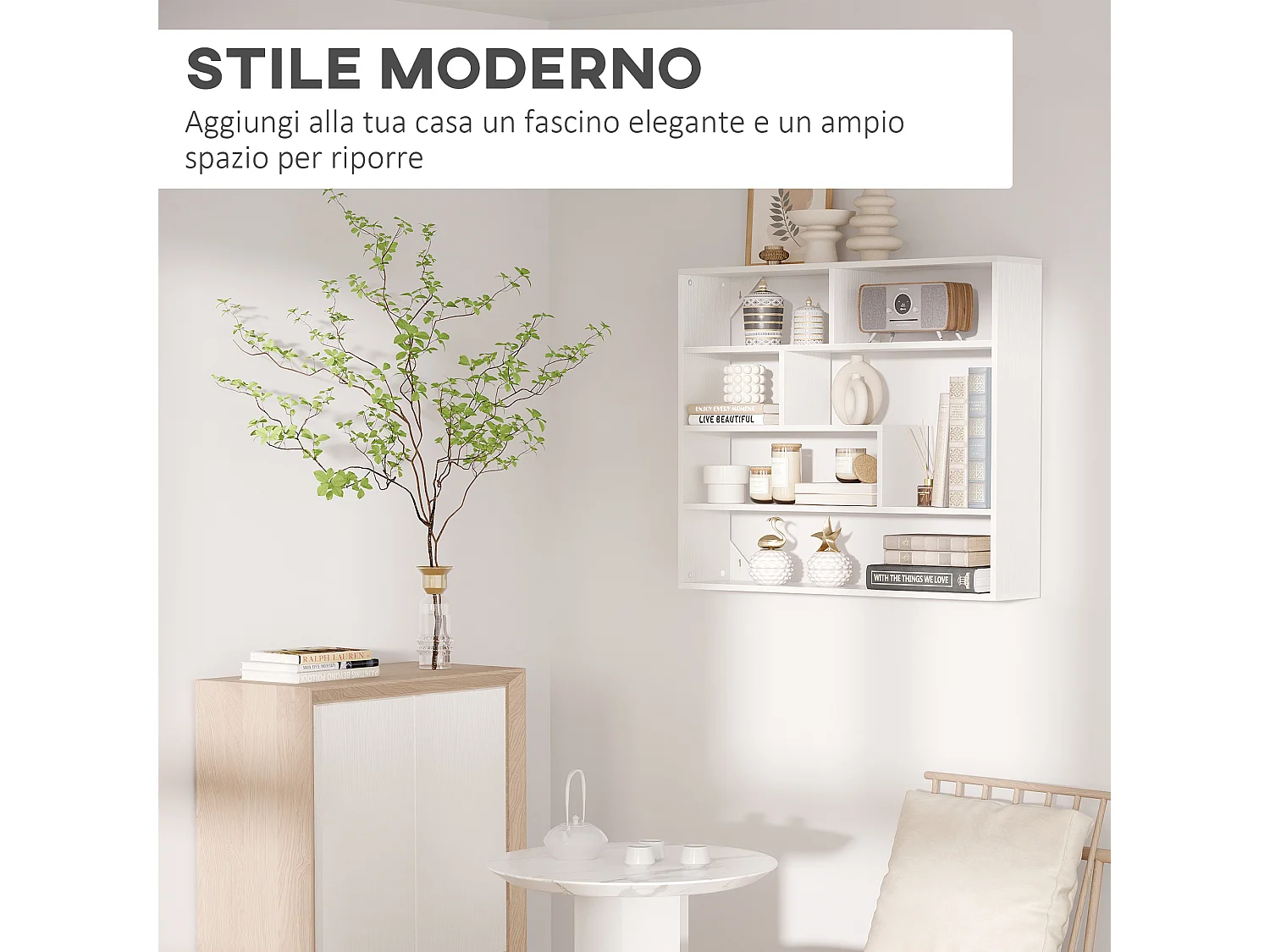 Libreria moderna a muro 4 livelli in legno 94x19.5x80cm bianco