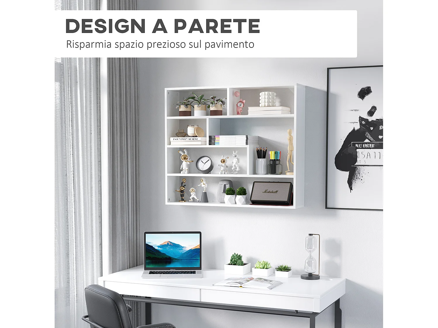 Libreria moderna a muro 4 livelli in legno 94x19.5x80cm bianco