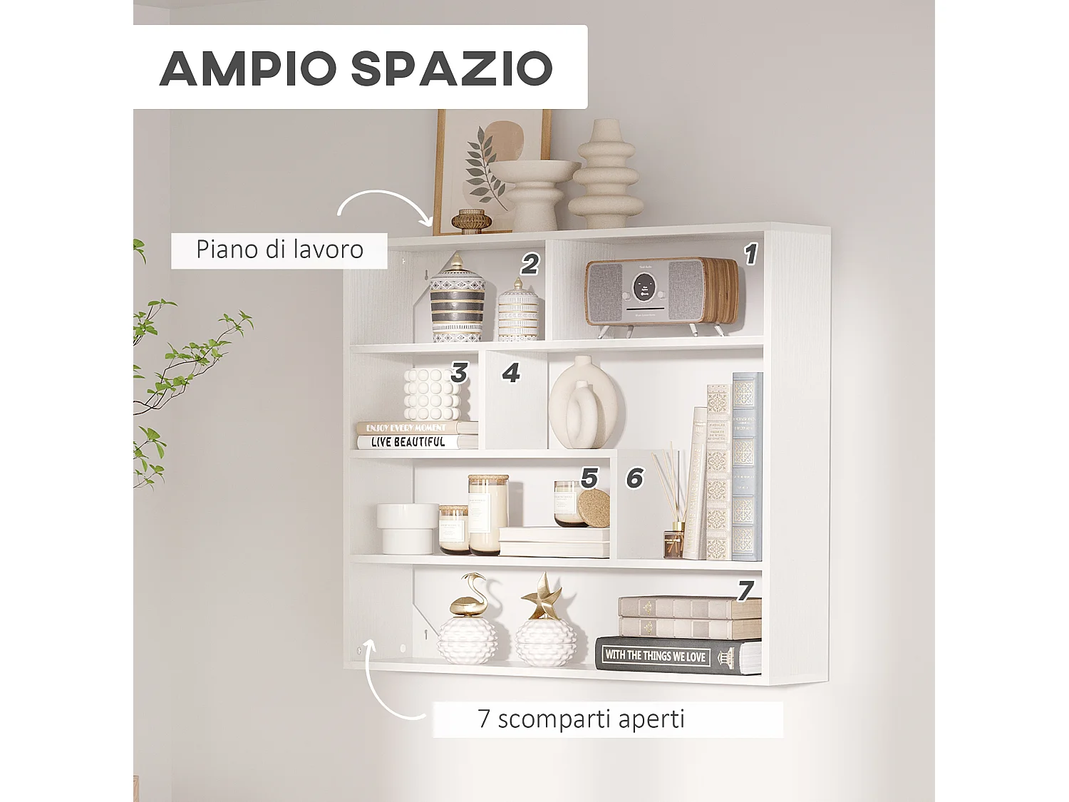 Libreria moderna a muro 4 livelli in legno 94x19.5x80cm bianco