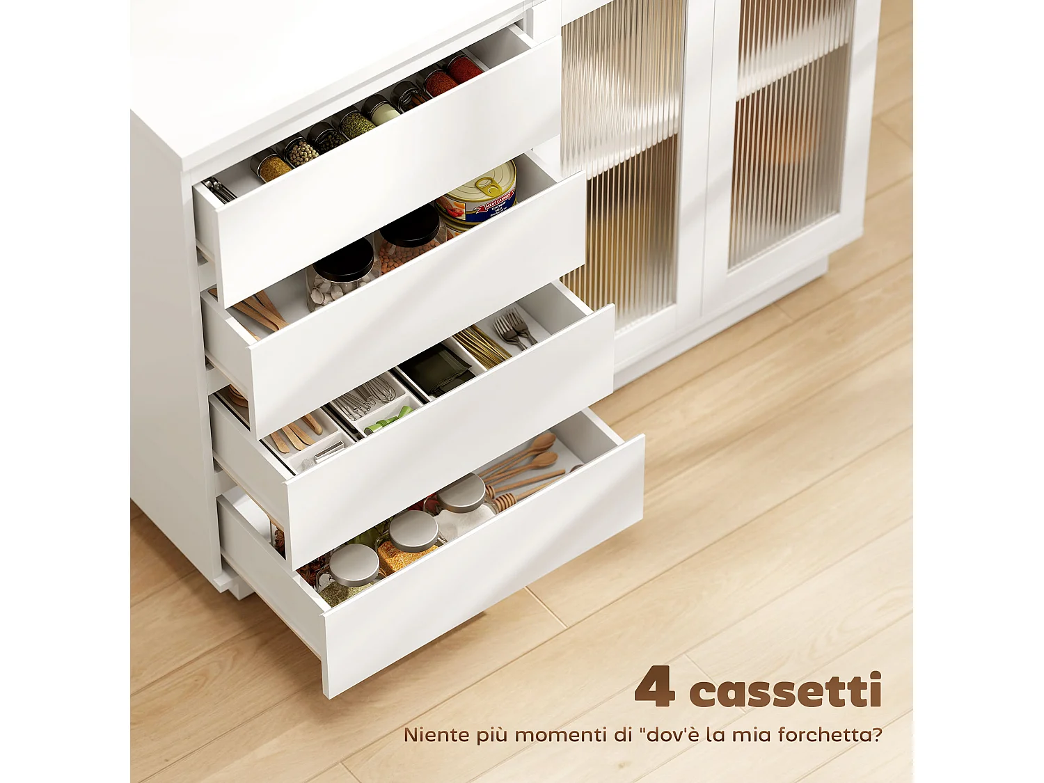Credenza cucina, mobile cucina con armadietto a 2 ante soft close in vetro temperato
