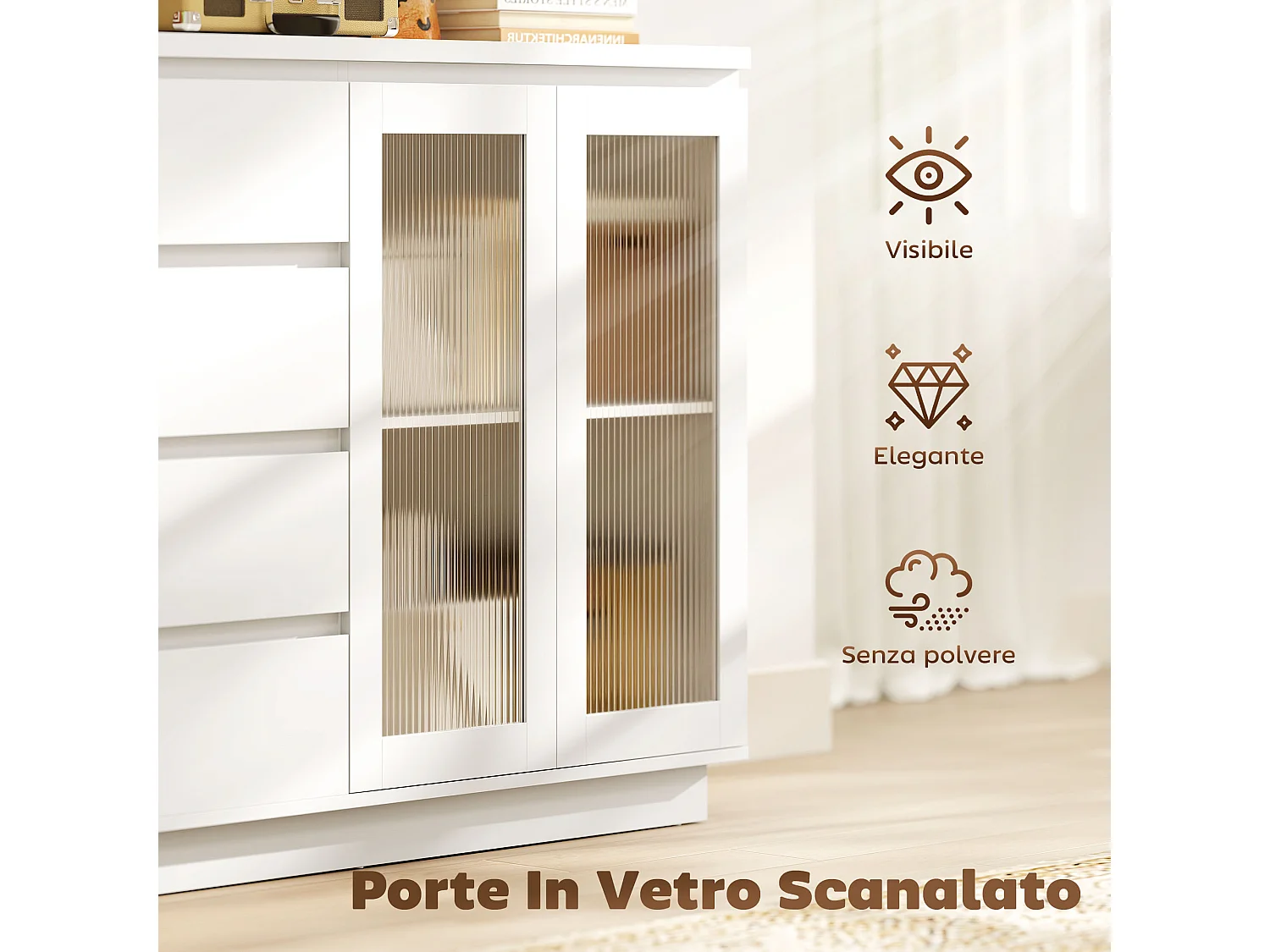 Credenza cucina, mobile cucina con armadietto a 2 ante soft close in vetro temperato
