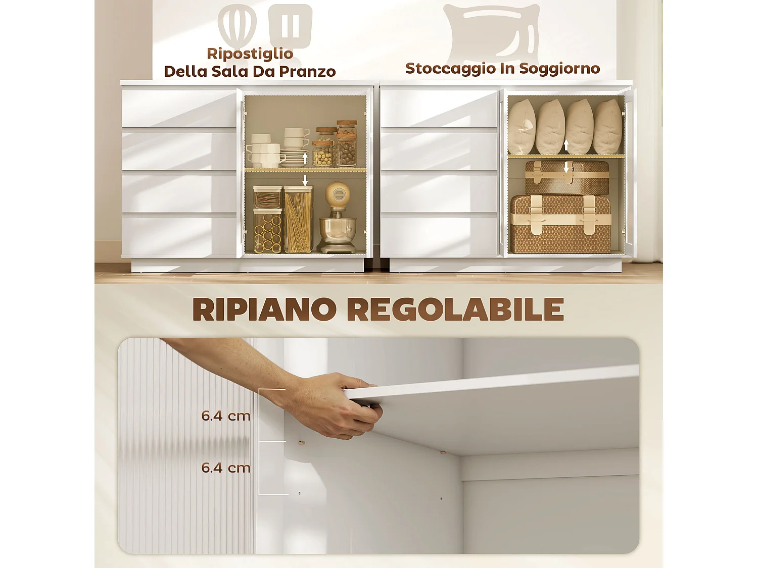 Credenza cucina, mobile cucina con armadietto a 2 ante soft close in vetro temperato