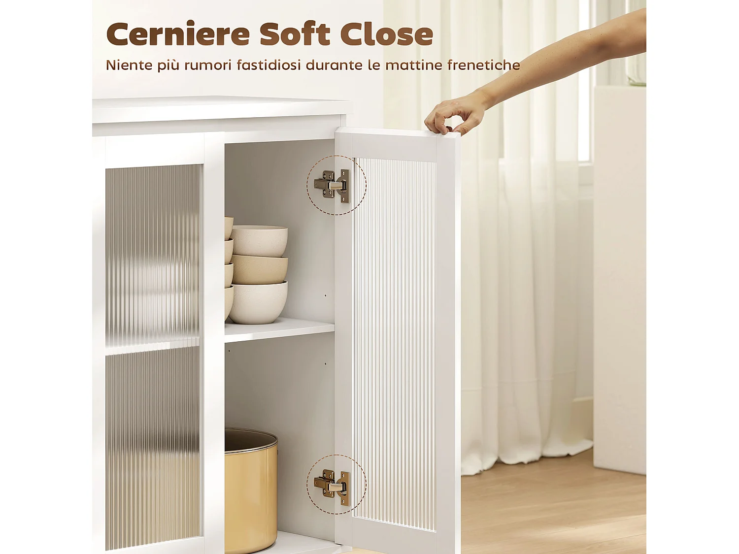 Credenza cucina, mobile cucina con armadietto a 2 ante soft close in vetro temperato