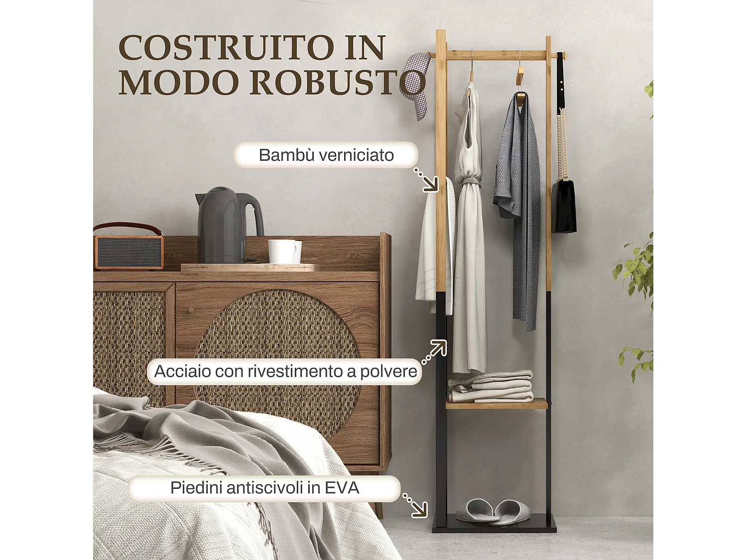 Appendiabiti da terra con barre laterali 2 ganci e 2 ripiani