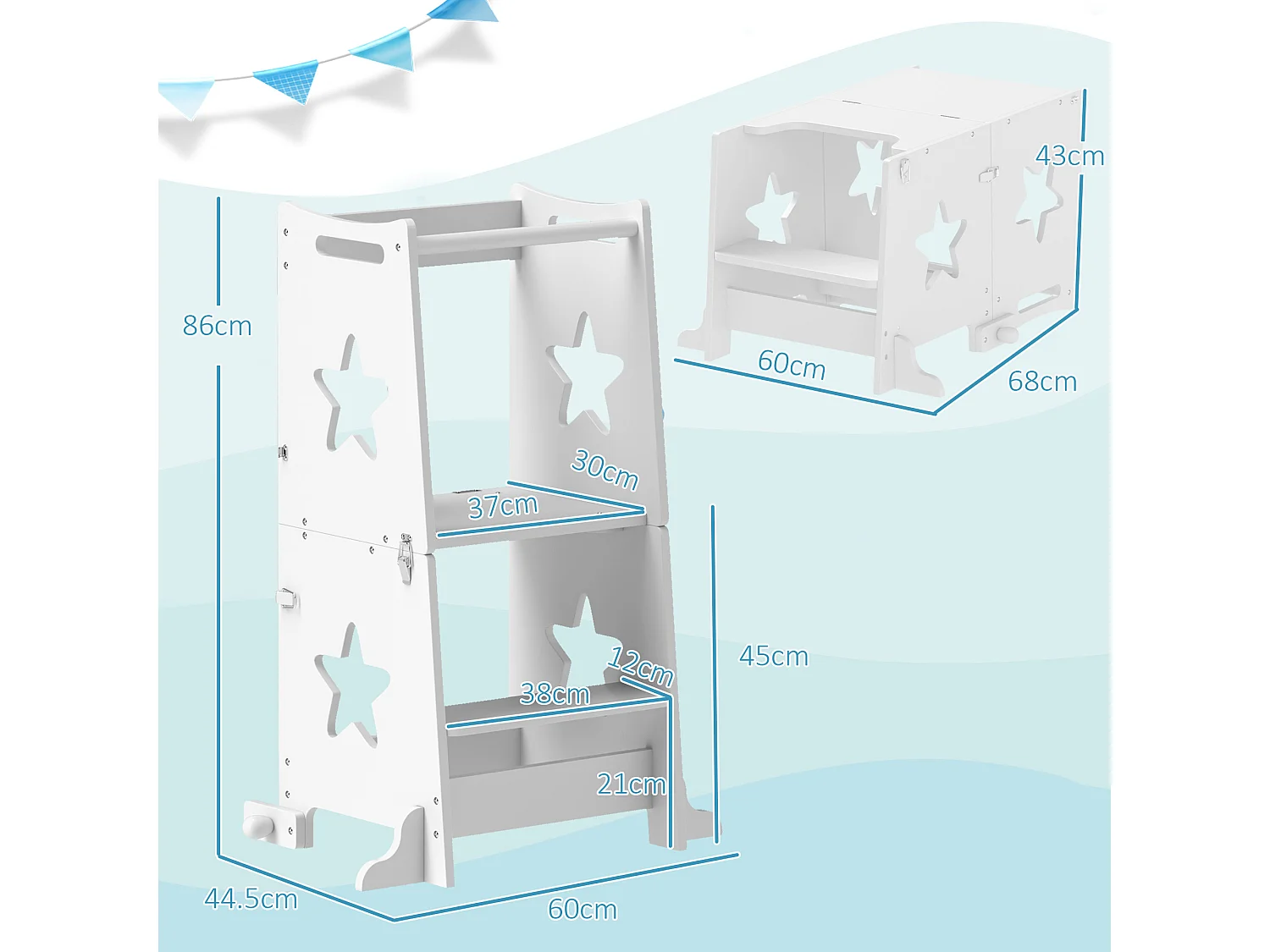 Scala montessori per bambini convertibile con barra in legno bianco