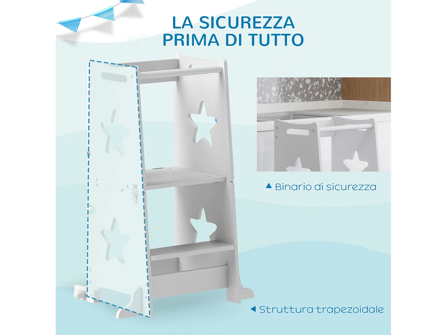 Scala montessori per bambini convertibile con barra in legno bianco