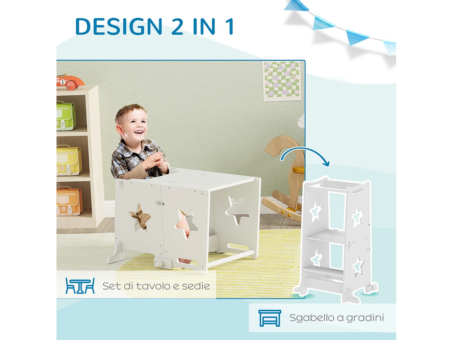 Scala montessori per bambini convertibile con barra in legno bianco