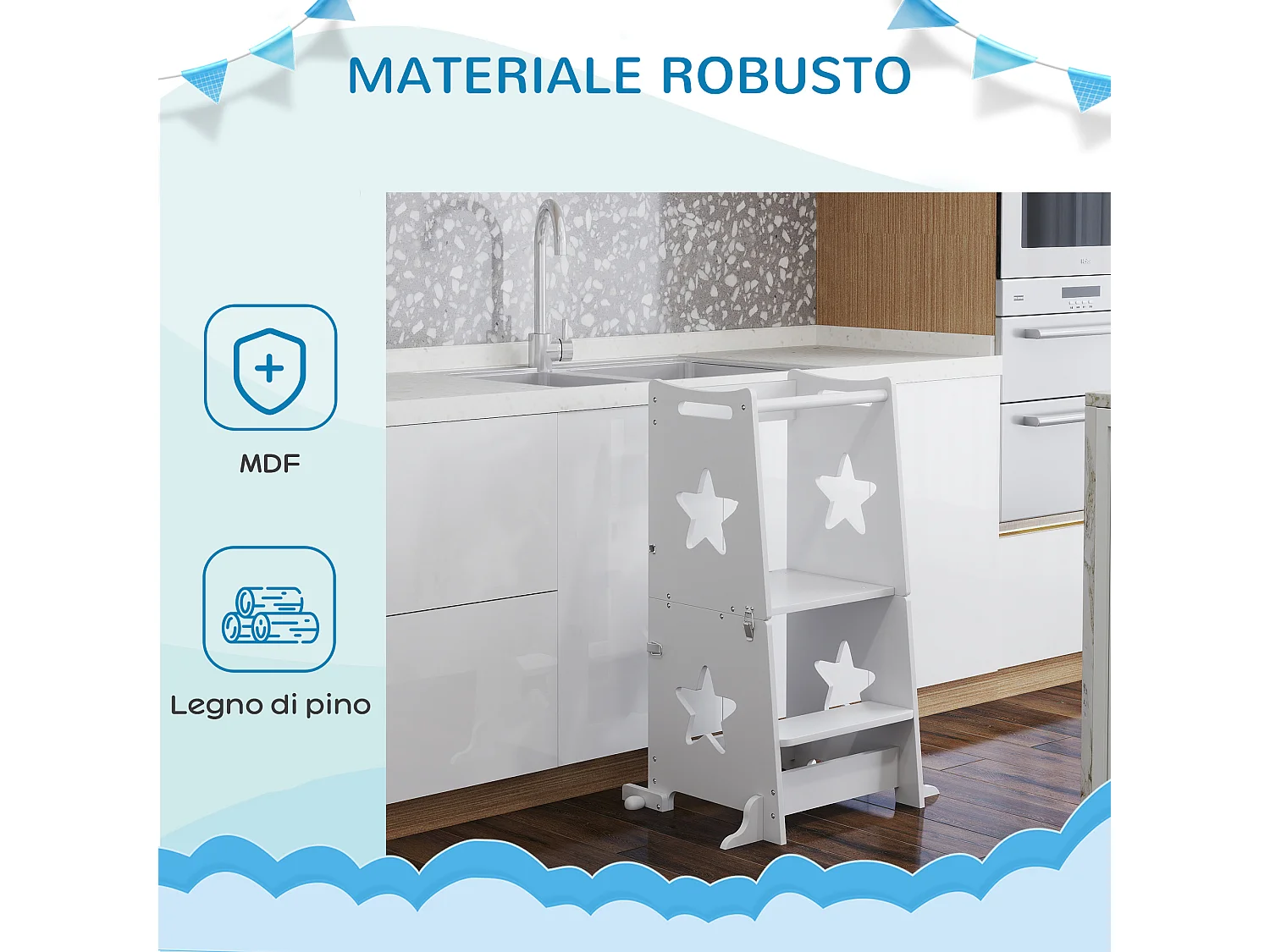 Scala montessori per bambini convertibile con barra in legno bianco