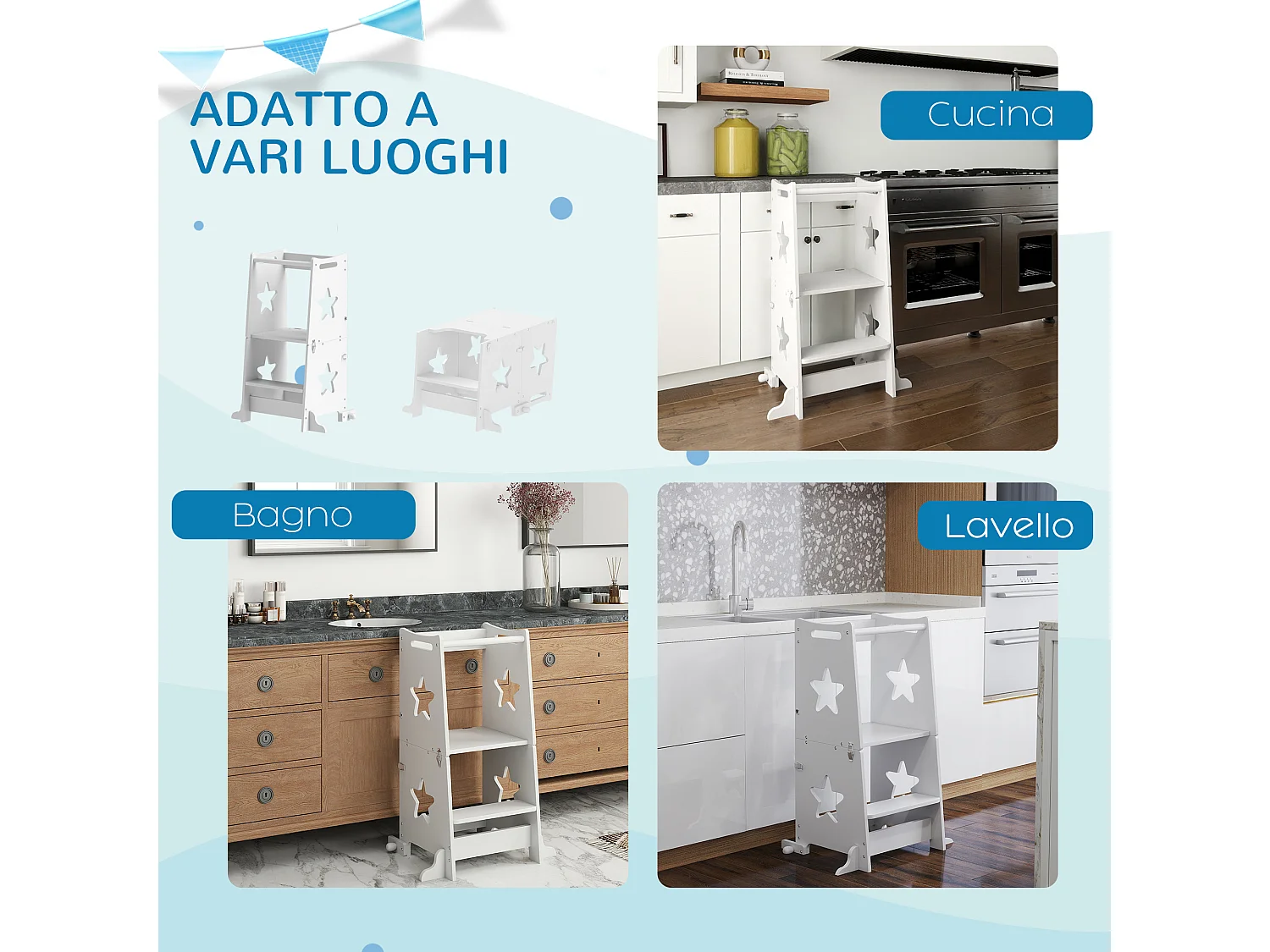 Scala montessori per bambini convertibile con barra in legno bianco