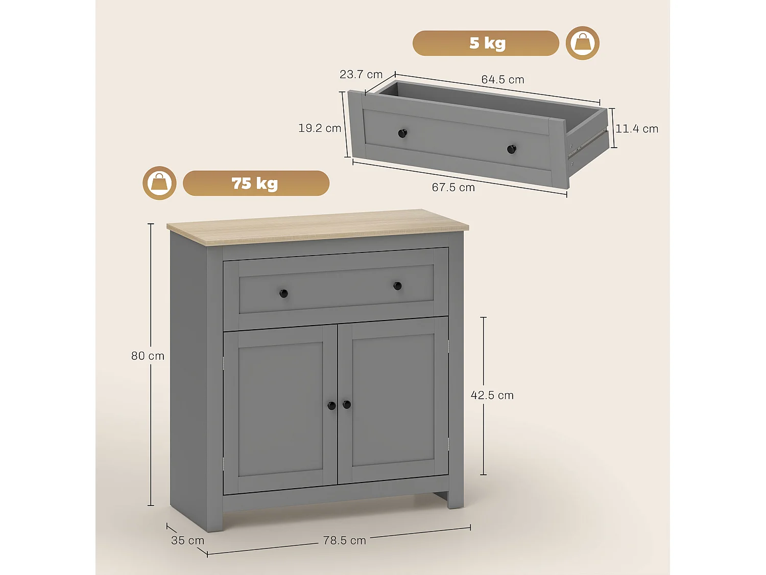 Credenza soggiorno con cassetto e armadietto con ripiano regolabile su 3 livelli
