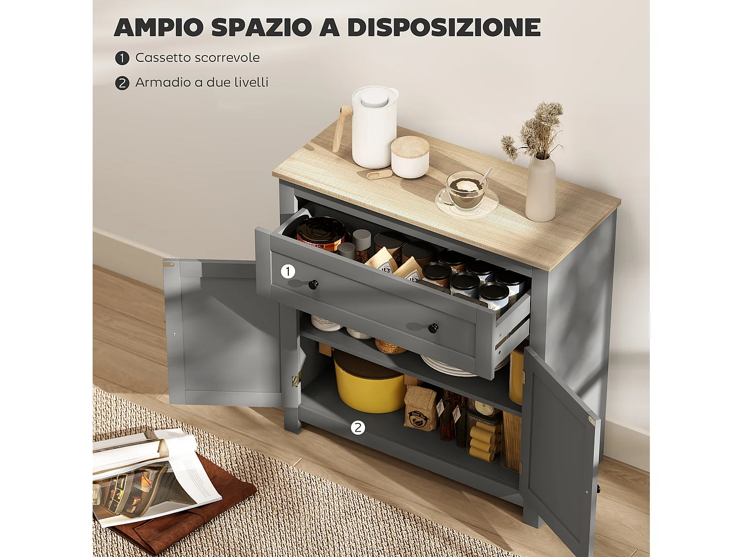 Credenza soggiorno con cassetto e armadietto con ripiano regolabile su 3 livelli